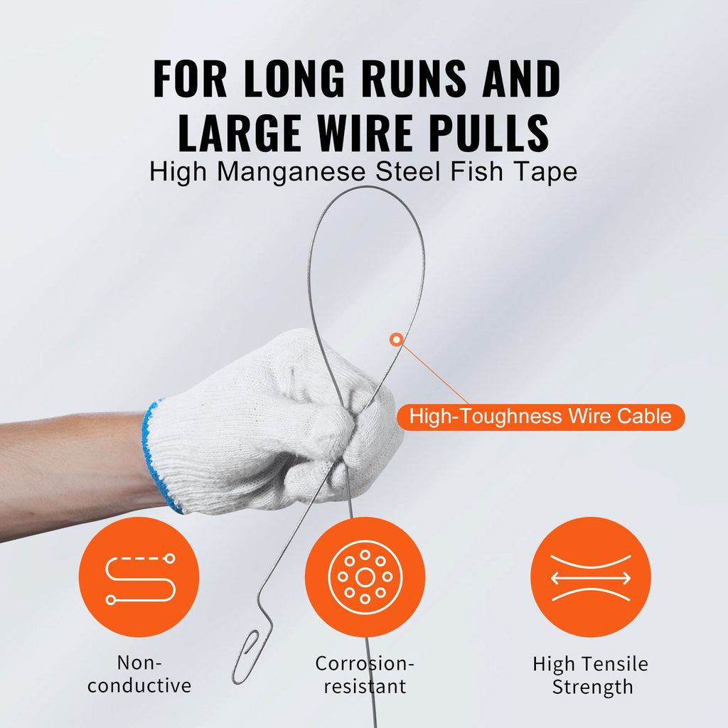 VEVOR Fish Tape, 36.58 m, 3 mm, Steel Wire Puller with Optimized Housing and Handle, Easy-to-Use Cable Puller Tool, Flexible Wire Fishing Tools for Walls and Electrical Conduit, Non-Conductive