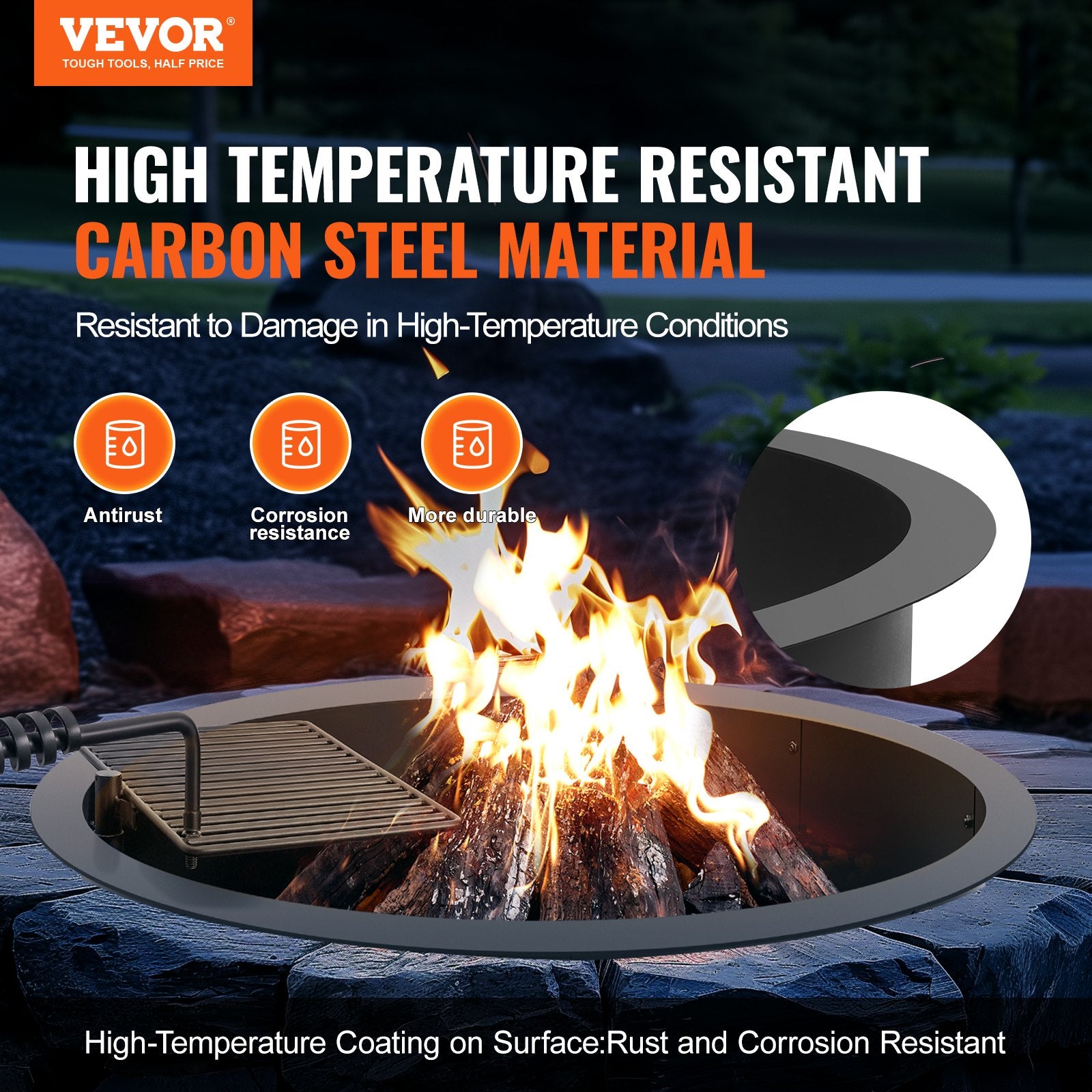 VEVOR Fire Pit Ring, Fire Pit Insert with Barbecue Fire Ring, 40-In Outer/36-In Inner Diameter, 8.5in Height, Carbon Steel Liner DIY Campfire Ring above/In-Ground, for Outdoor Camping, Bonfires