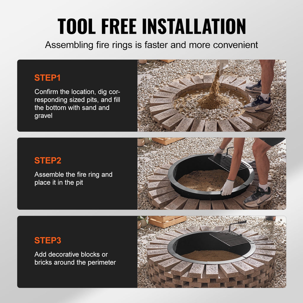 VEVOR Fire Pit Ring, Fire Pit Insert with Barbecue Fire Ring, 40-In Outer/36-In Inner Diameter, 8.5in Height, Carbon Steel Liner DIY Campfire Ring above/In-Ground, for Outdoor Camping, Bonfires