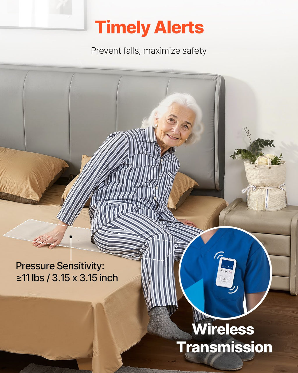 VEVOR Early Alert Bed Alarm System Wireless Bed Sensor Pad & Call Button Pager