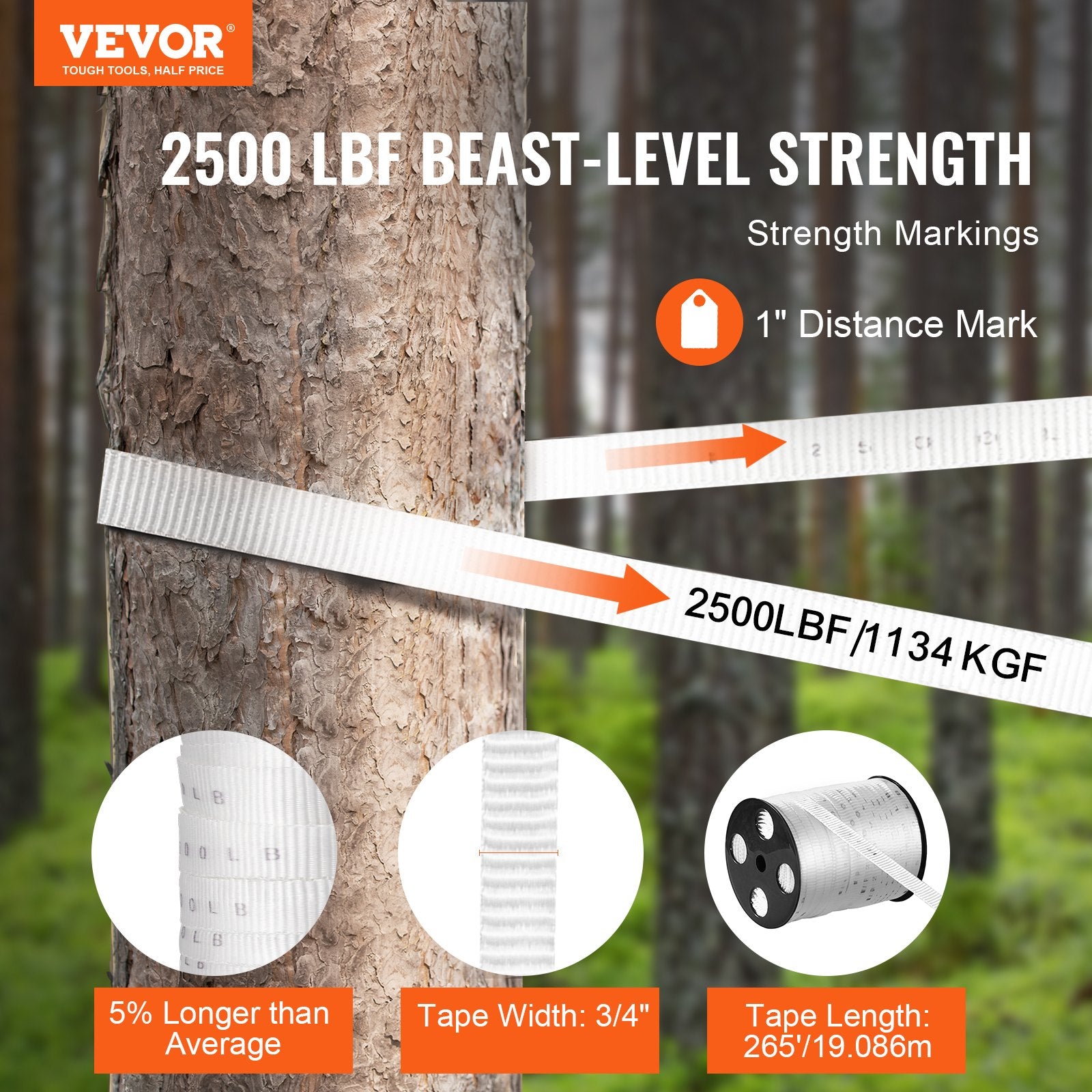 VEVOR Polyester Pull Tape, 1.9 cm x 80.8 m Mule Tape Flat Rope, 1134 kgf Tensile Capacity, Printed Webbing Cable Pulling Tape for Packaging, Gardening, Commercial Electrical, Conduit Work, White