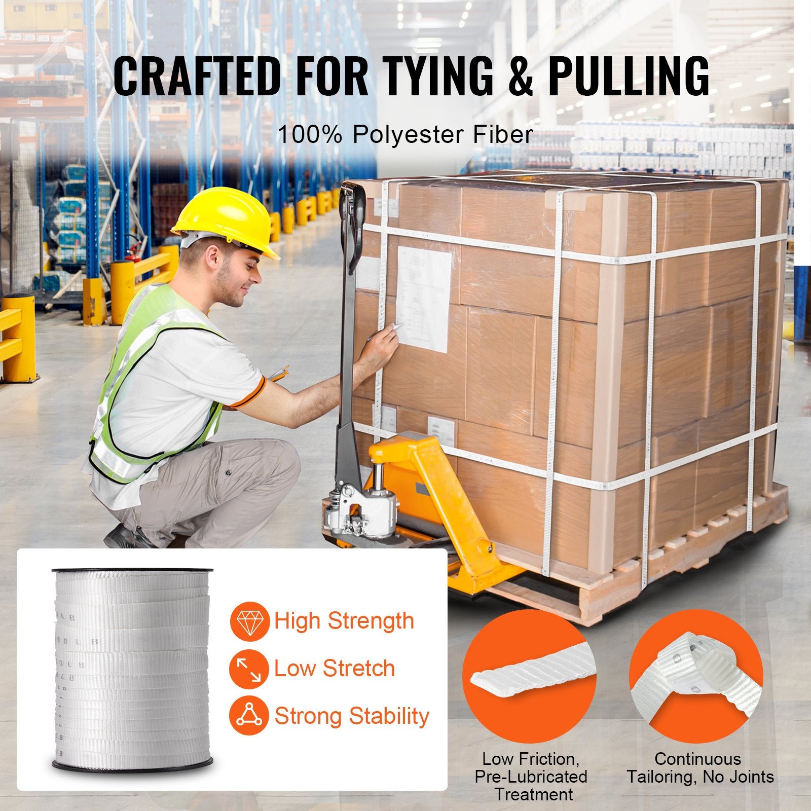 VEVOR Polyester Pull Tape, 1.9 cm x 80.8 m Mule Tape Flat Rope, 1134 kgf Tensile Capacity, Printed Webbing Cable Pulling Tape for Packaging, Gardening, Commercial Electrical, Conduit Work, White