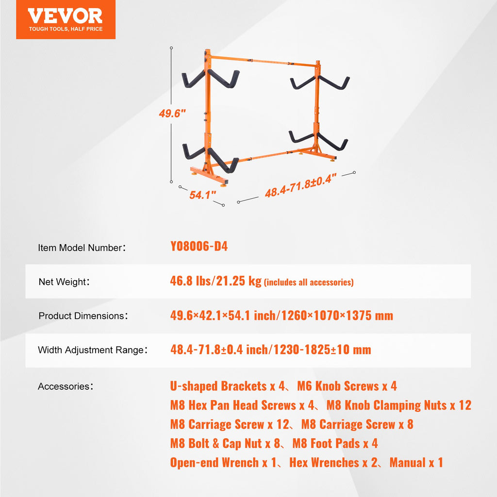 VEVOR Freestanding Kayak Storage Rack, Kayak Stand for 4 Kayak Canoe Paddleboard, Heavy-duty Steel Kayak Hanger Holder with Padded Arms and Adjustable Width, 100 kg Max Load, for Indoor Outdoor Garage
