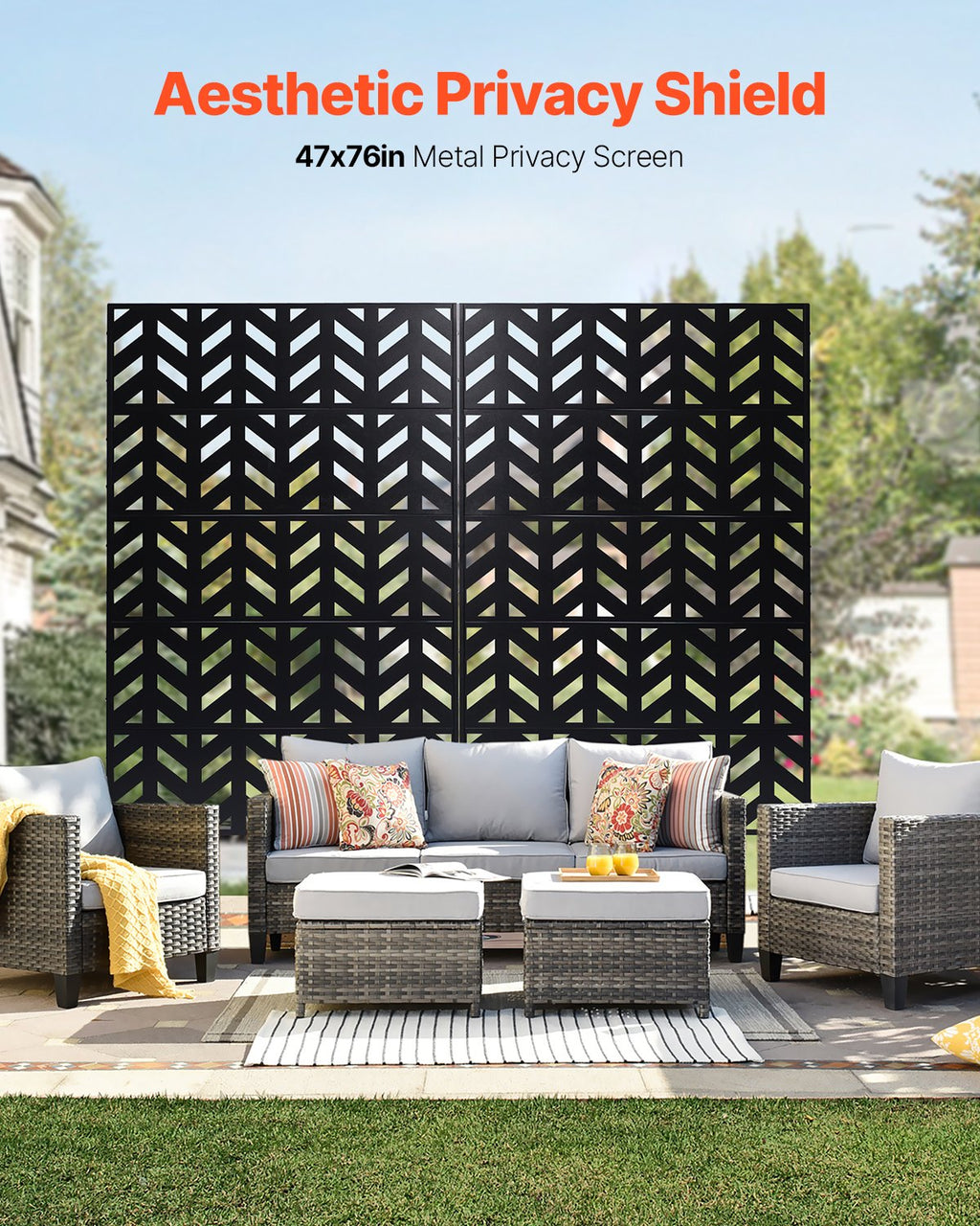 VEVOR Metal Privacy Screen, 47" W x 72" H, Outdoor Privacy Screens 5-Panel, Freestanding Outdoor Divider with Stand, Decorative Garden Steel Privacy Fence for Balcony Patio Indoor Room Black