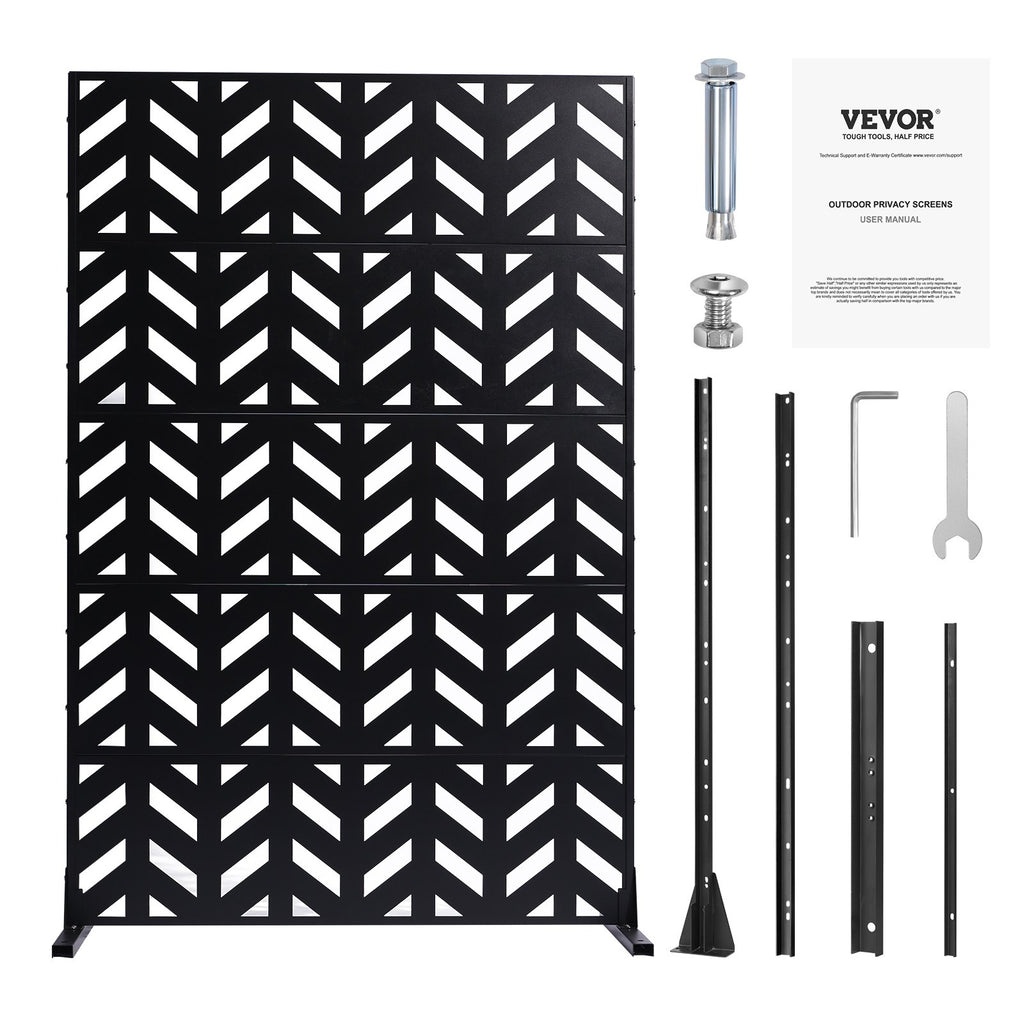 VEVOR Metal Privacy Screen, 47" W x 72" H, Outdoor Privacy Screens 5-Panel, Freestanding Outdoor Divider with Stand, Decorative Garden Steel Privacy Fence for Balcony Patio Indoor Room Black