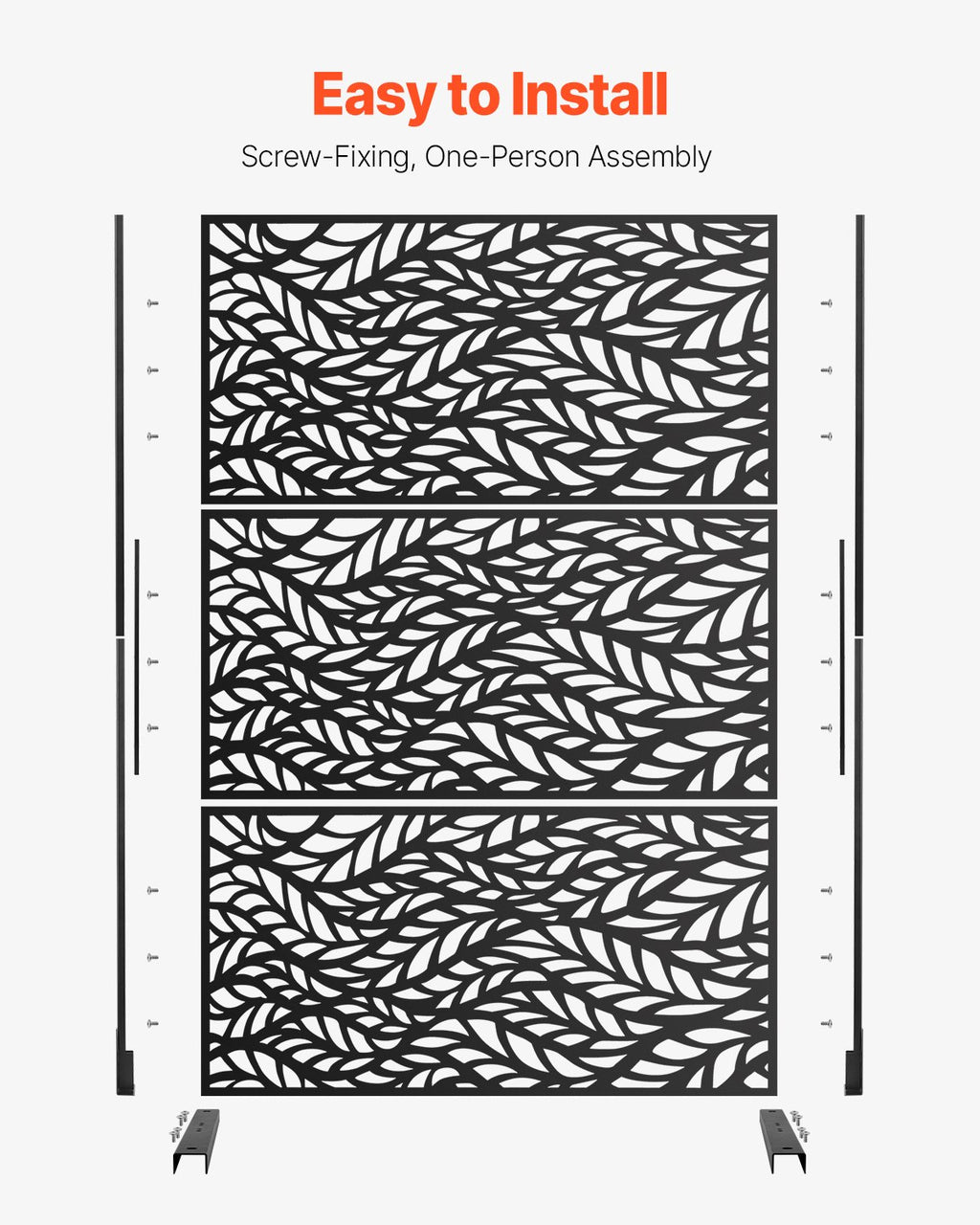VEVOR Metal Privacy Screen, 47" W x 72" H, Outdoor Privacy Screens & Panels, Freestanding Outdoor Divider with Stand, 3-Panel Decorative Garden Steel Privacy Fence for Balcony Patio Indoor Room Black