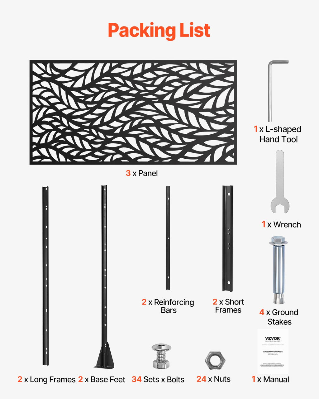 VEVOR Metal Privacy Screen, 47" W x 72" H, Outdoor Privacy Screens & Panels, Freestanding Outdoor Divider with Stand, 3-Panel Decorative Garden Steel Privacy Fence for Balcony Patio Indoor Room Black