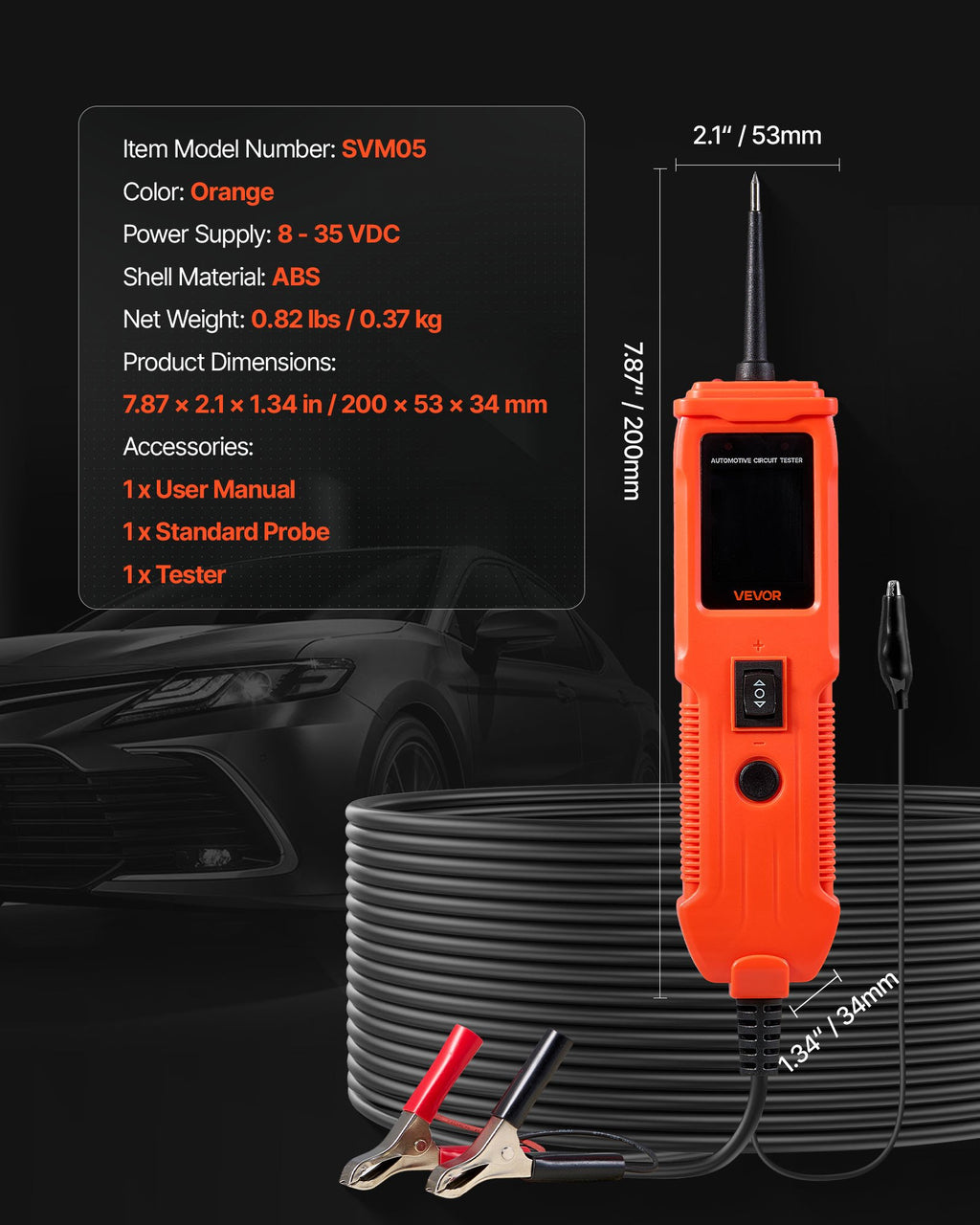 VEVOR Automotive Circuit Tester, 8 - 35 DCV Power Circuit Probe Tester with TFT Color Display and Lighting, Automotive Power Tester Probe with 13 ft / 4 m Cable, ABS Shell Electrical Detector Finder