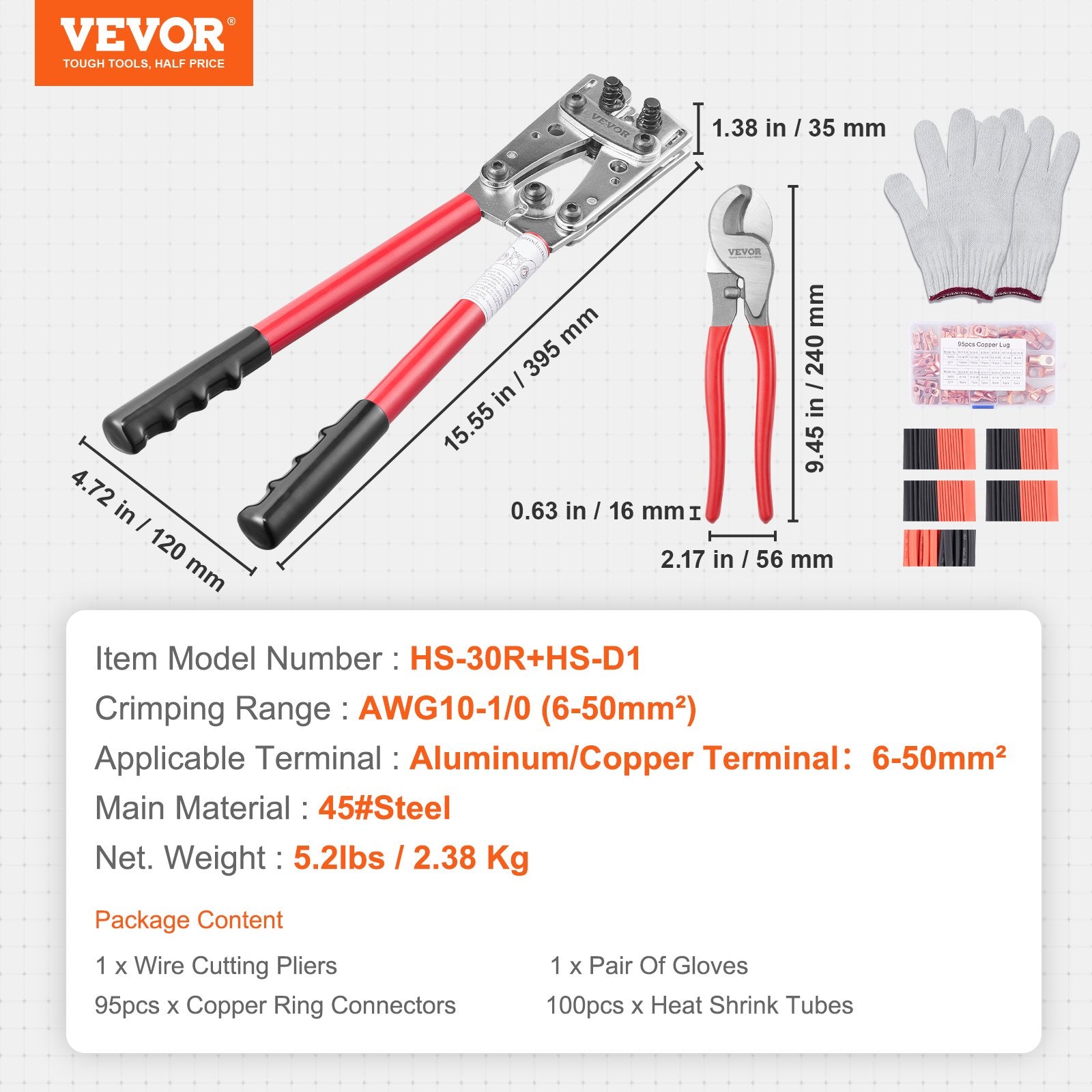 VEVOR Battery Cable Lug Crimping Tool, 10-1/0AWG with Cable Cutter and 95PCS Copper Ring Terminals, 6 Wire Sizes Crimping Die and 100pcs Heat Shrink Tubes, for Heavy Duty Wire Lugs
