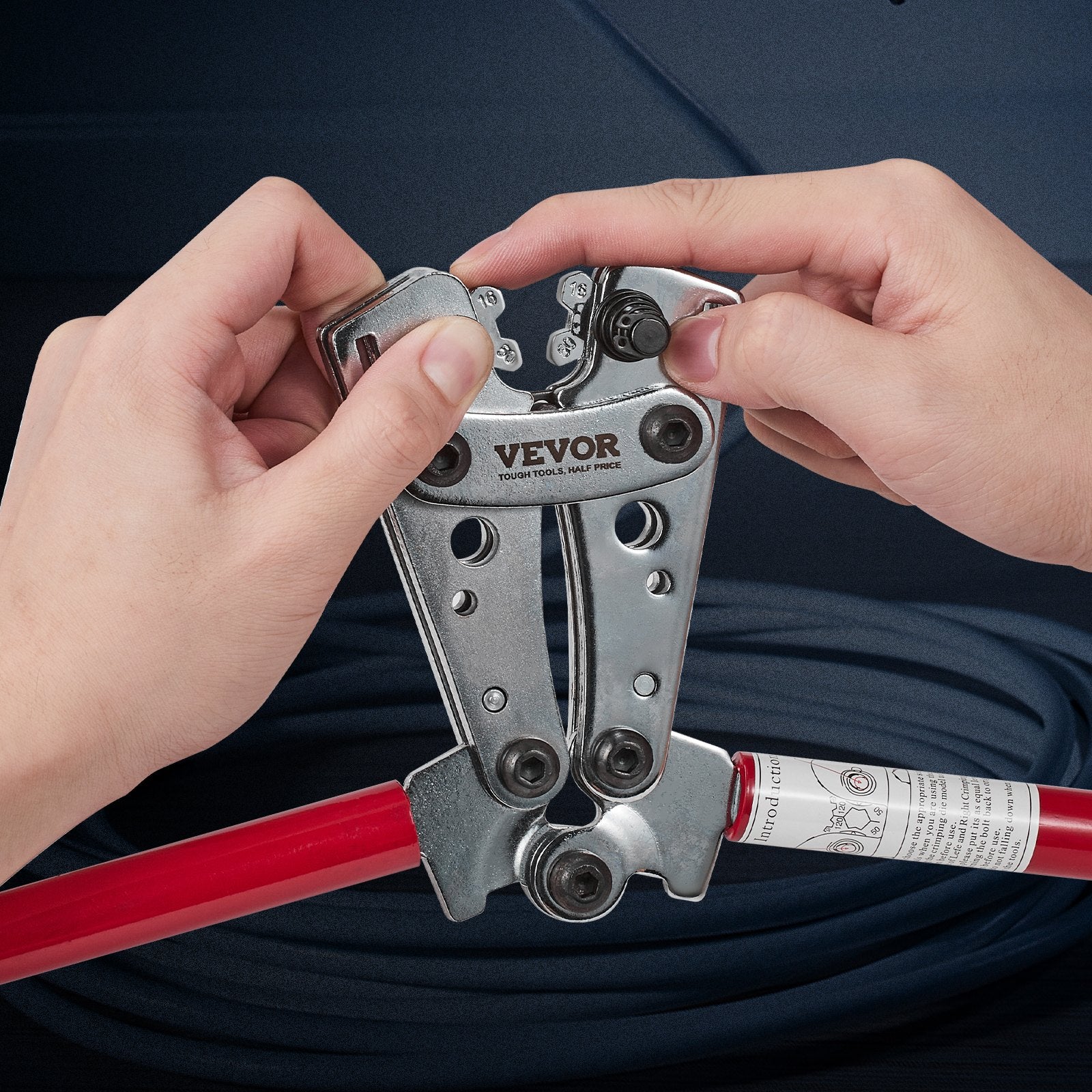 VEVOR Battery Cable Lug Crimping Tool, 10-1/0AWG Aluminum Terminal Battery Lug Crimper, with 60PCS Aluminum Ring Connectors Terminals 6 Wire Sizes Crimping Die, for Heavy Duty Wire Lugs
