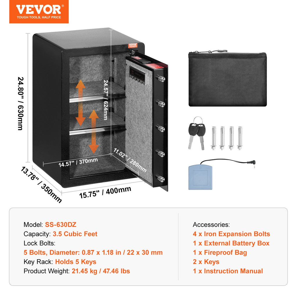 VEVOR Single Door 3.5 cu.ft Safe Box with Key Lock & Password, Safe Lock Box with Fireproof Bag, Key Rack, LED Light, and 2 Shelves for Money, Documents, Jewelry, and Valuables, Black