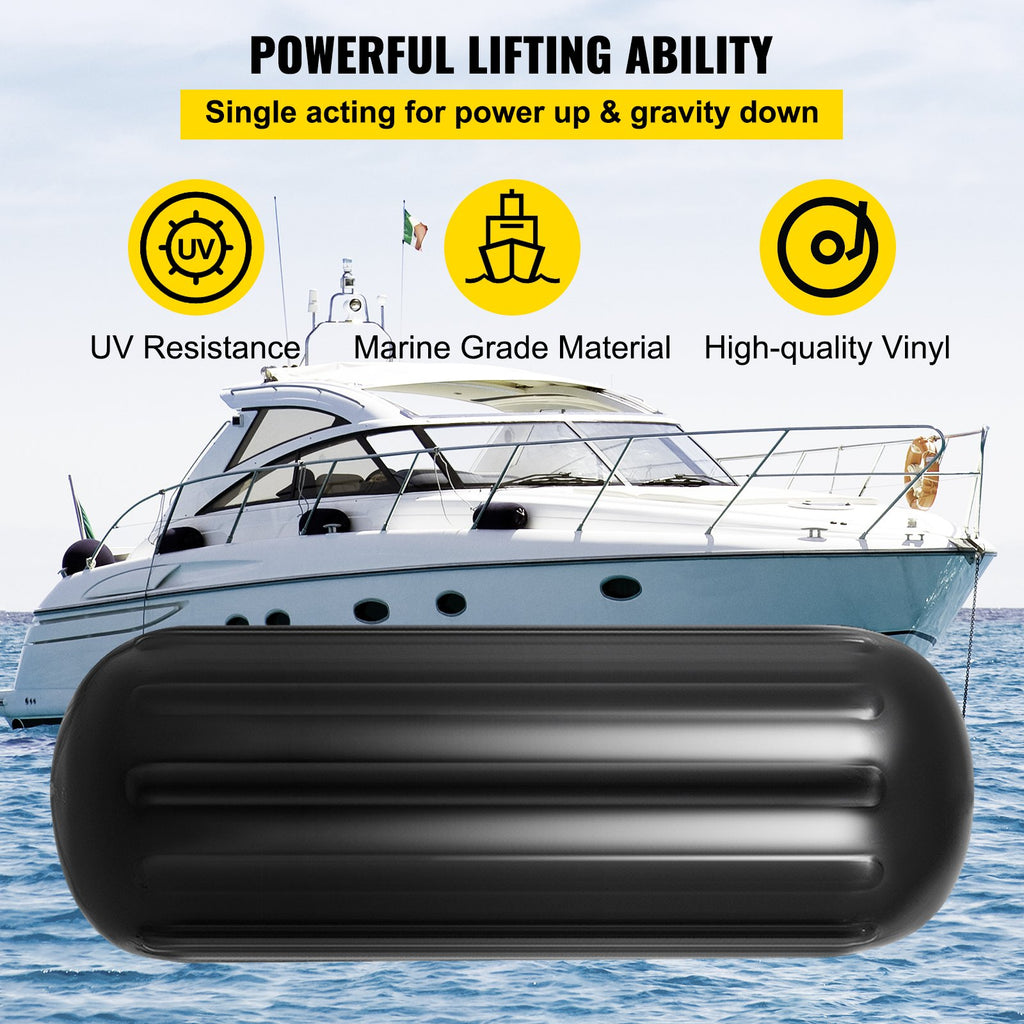 VEVOR Boat Fenders, 10" x 28" Ribbed Fender, 4 Pack Boat Bumpers, Hole Through Middle Ribbed Inflatable Boat Fender with 4 Ropes, for Pontoon Boat Sailboat, Ski Boat, Black