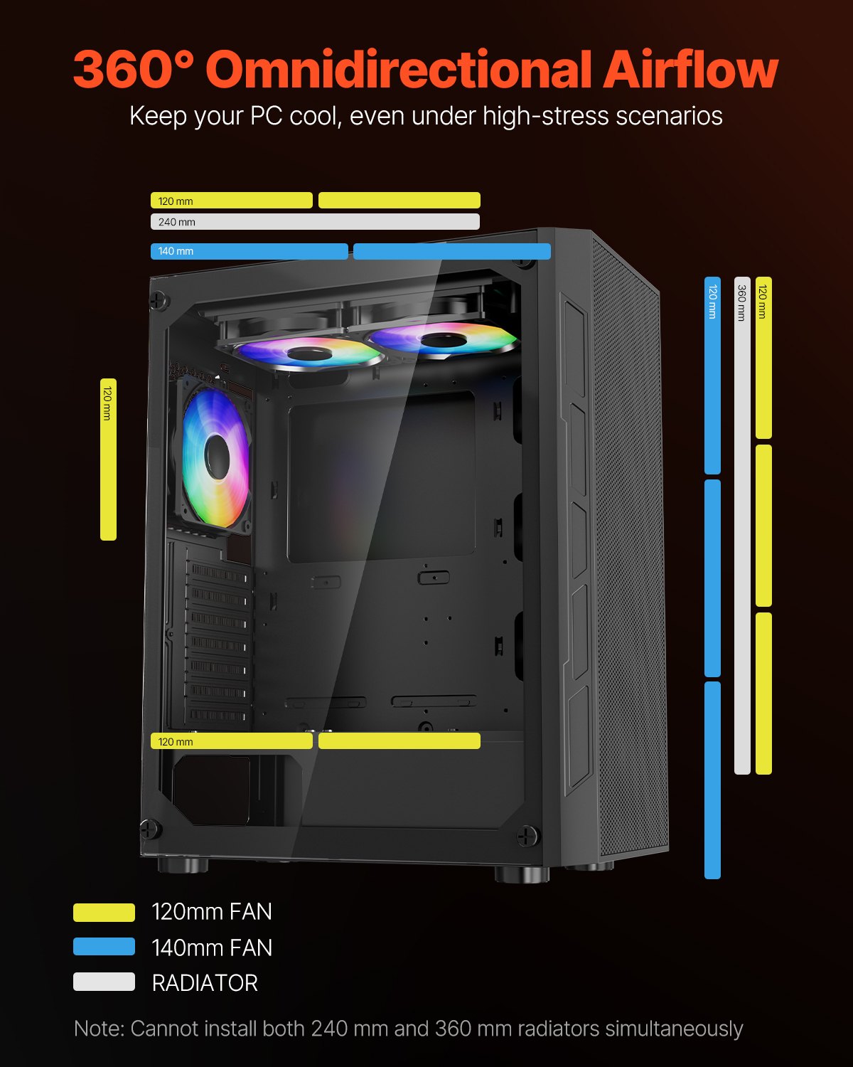 VEVOR Mid-Tower ATX PC Gaming Case Computer Case Box with 3 x 120 mm ARGB Fans