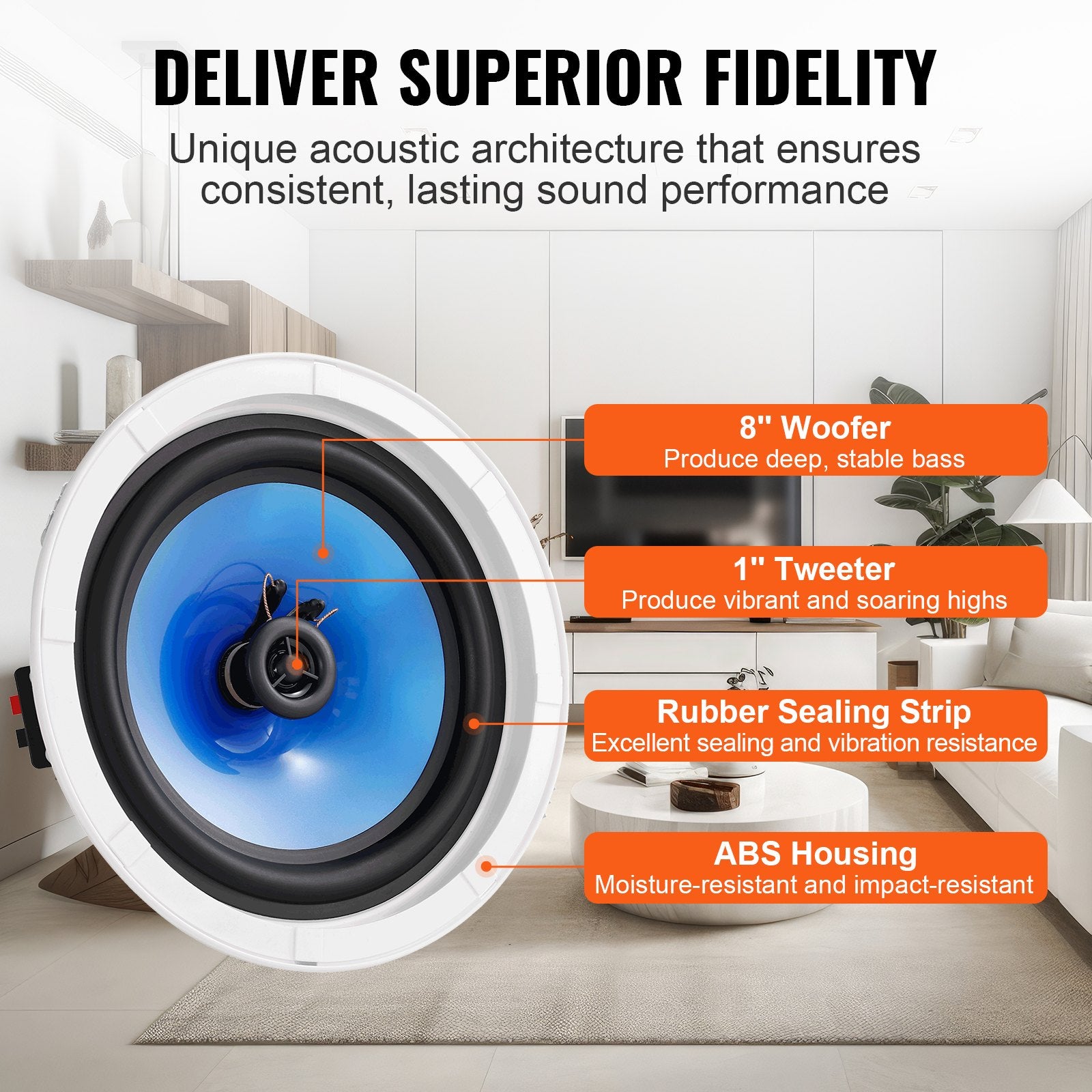 VEVOR 2 PCs 203.2 mm in Ceiling Speakers, 50-Watts, Flush Mount Ceiling & in-Wall Speakers System with Impedance 89dB Sensitivity, for Home Kitchen Living Room Bedroom or Covered Outdoor Porches