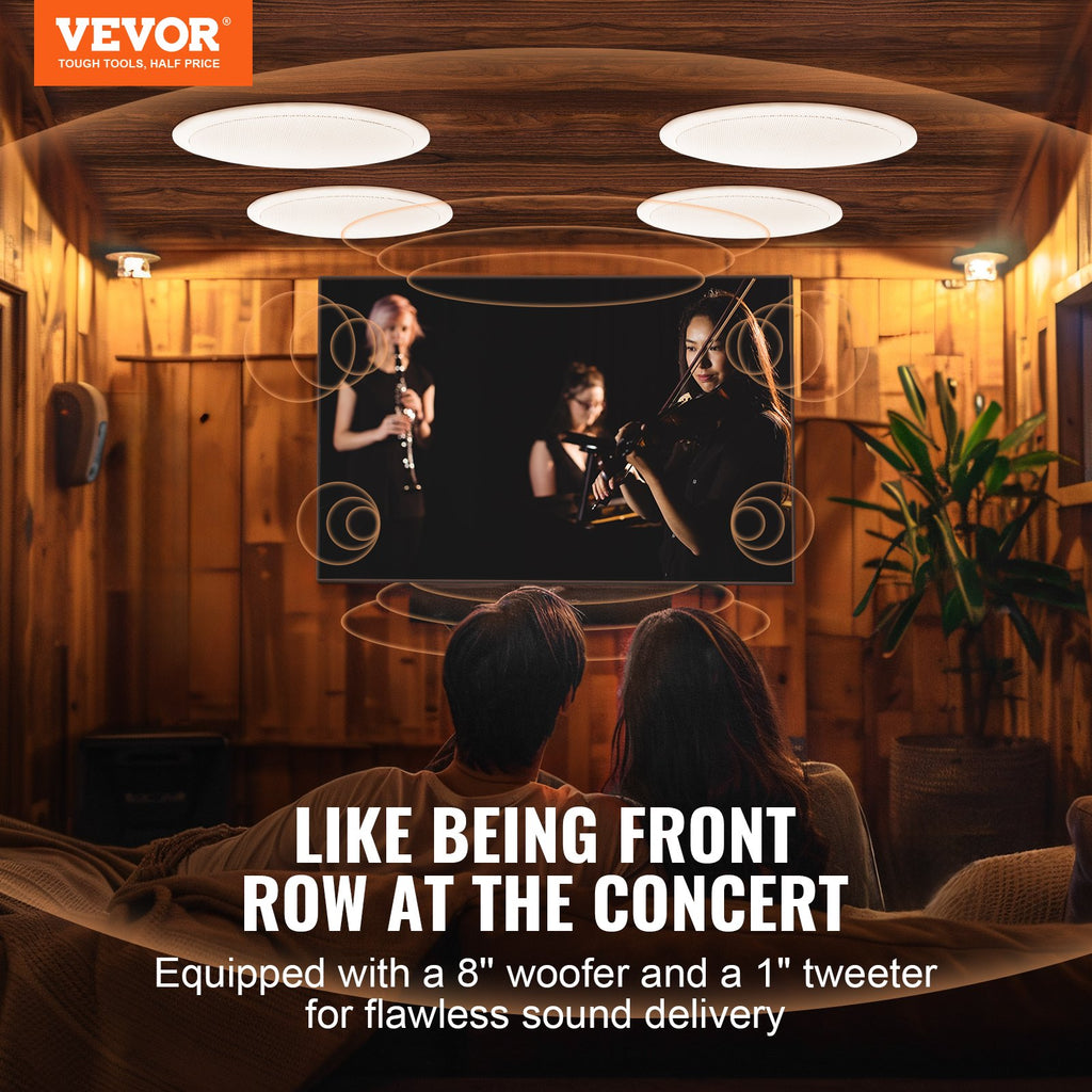 VEVOR 4 PCs 203.2 mm in Ceiling Speakers, 100-Watts, Flush Mount Ceiling & in-Wall Speakers System with 8ΩImpedance 89dB Sensitivity, for Home Kitchen Living Room Bedroom or Covered Outdoor Porches