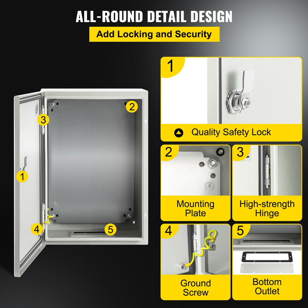 VEVOR NEMA Steel Enclosure ,12 x 8 x 6\'\' NEMA 4X Steel Electrical Box, IP66 Waterproof & Dustproof, Outdoor/Indoor Electrical Junction Box, with Mounting Plate