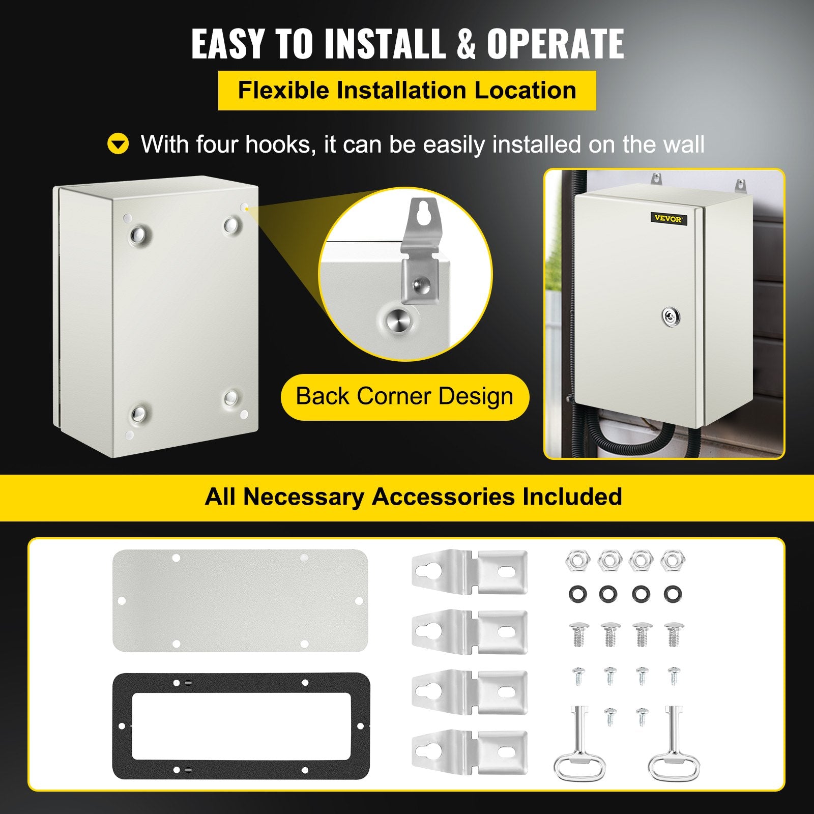 VEVOR NEMA Steel Enclosure ,12 x 8 x 6\'\' NEMA 4X Steel Electrical Box, IP66 Waterproof & Dustproof, Outdoor/Indoor Electrical Junction Box, with Mounting Plate