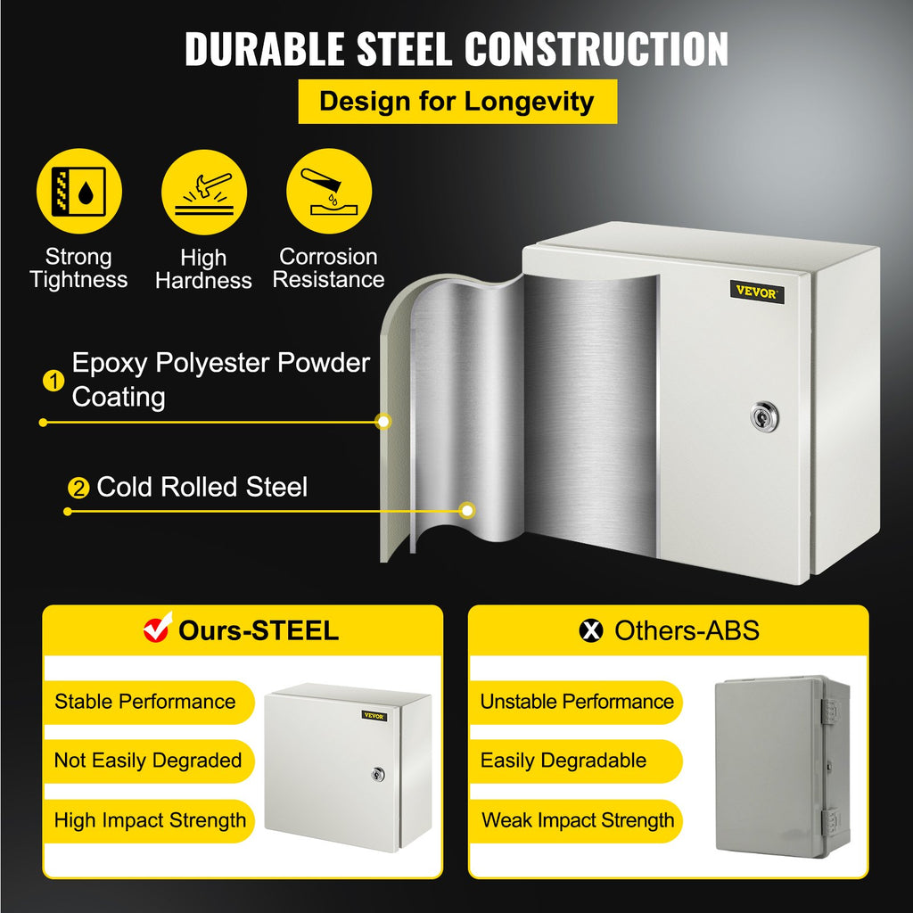 VEVOR NEMA Steel Enclosure, 12 x 12 x 6''steel electrical box
electrical enclosur NEMA 4X Steel Electrical Box, IP66 Waterproof & Dustproof, Outdoor/Indoor Electrical Junction Box, with Mounting Plat