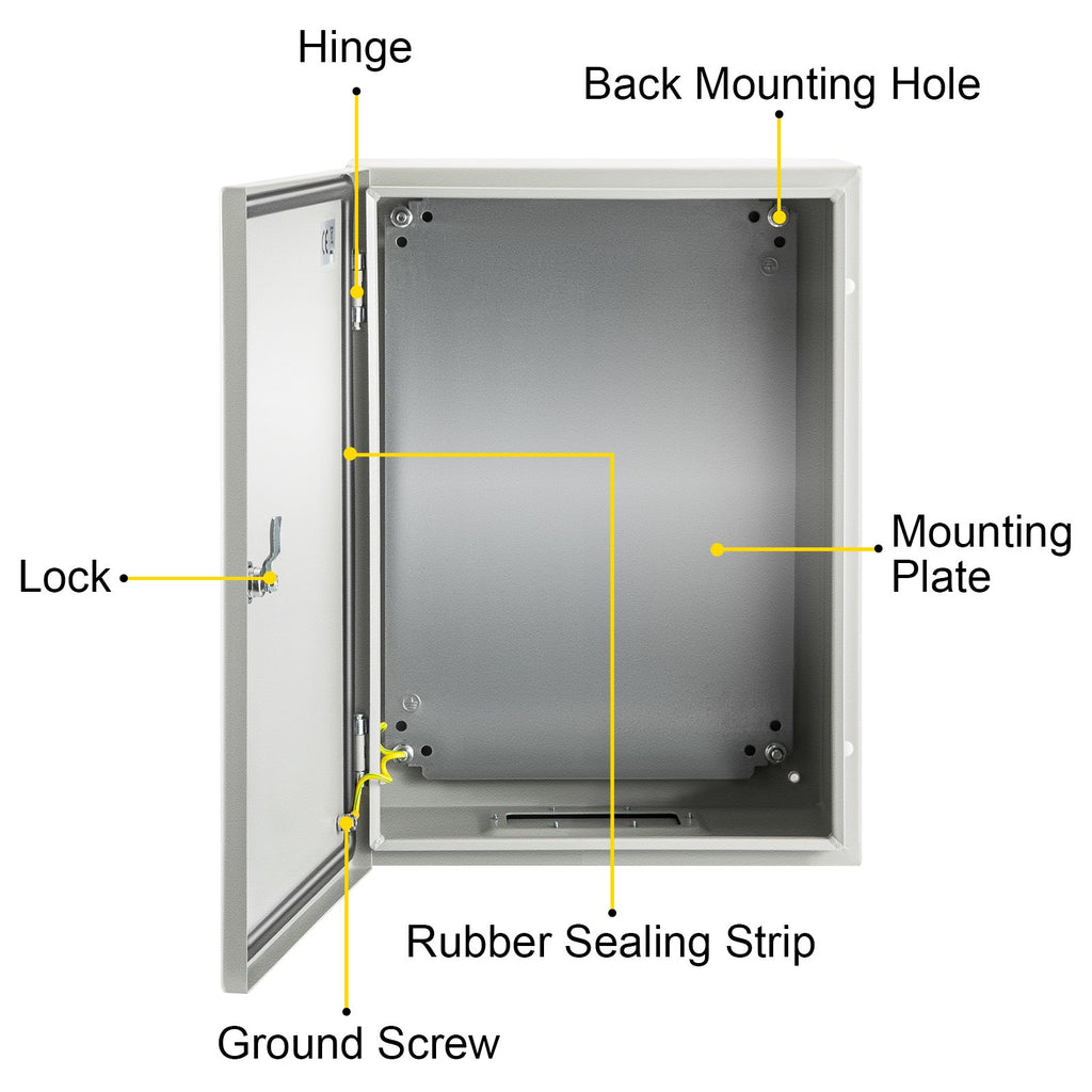 VEVOR Steel Electrical Box 16'' x 12'' x 8'' Electrical Enclosure Box, Carbon Steel Hinged Junction Box, IP65 Weatherproof Metal Box Wall-Mounted Electronic Equipment Enclosure Box with Mounting Plate