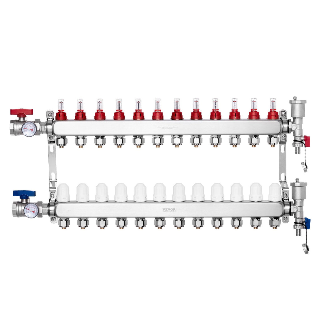 VEVOR 12-Branch Radiant Heat Manifold, 1/2" PEX Tubing Manifold, Stainless Steel PEX Manifold for Hydronic Radiant Floor Heating, Radiant Heat PEX Manifold Kit with 1/2" Adapters Included