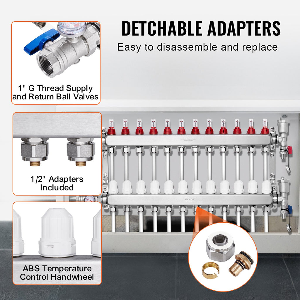 VEVOR 12-Branch Radiant Heat Manifold, 1/2" PEX Tubing Manifold, Stainless Steel PEX Manifold for Hydronic Radiant Floor Heating, Radiant Heat PEX Manifold Kit with 1/2" Adapters Included