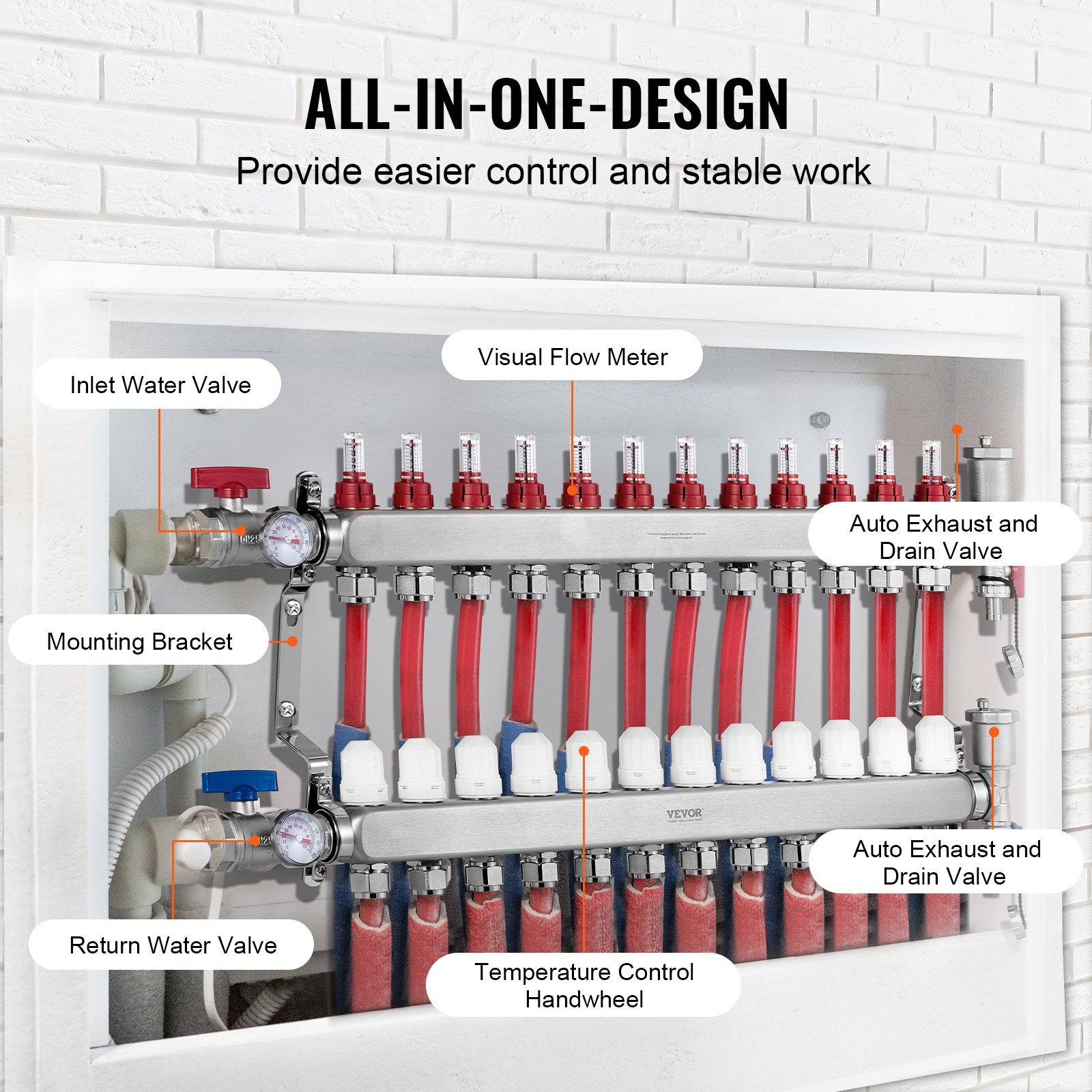 VEVOR 12-Branch Radiant Heat Manifold, 1/2" PEX Tubing Manifold, Stainless Steel PEX Manifold for Hydronic Radiant Floor Heating, Radiant Heat PEX Manifold Kit with 1/2" Adapters Included
