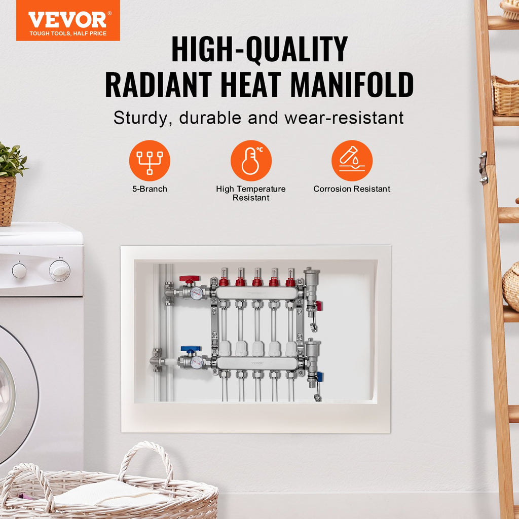 VEVOR 5-Branch Radiant Heat Manifold, 1/2" PEX Tubing Manifold, Stainless Steel PEX Manifold for Hydronic Radiant Floor Heating, Radiant Heat PEX Manifold Kit with 1/2" Adapters Included