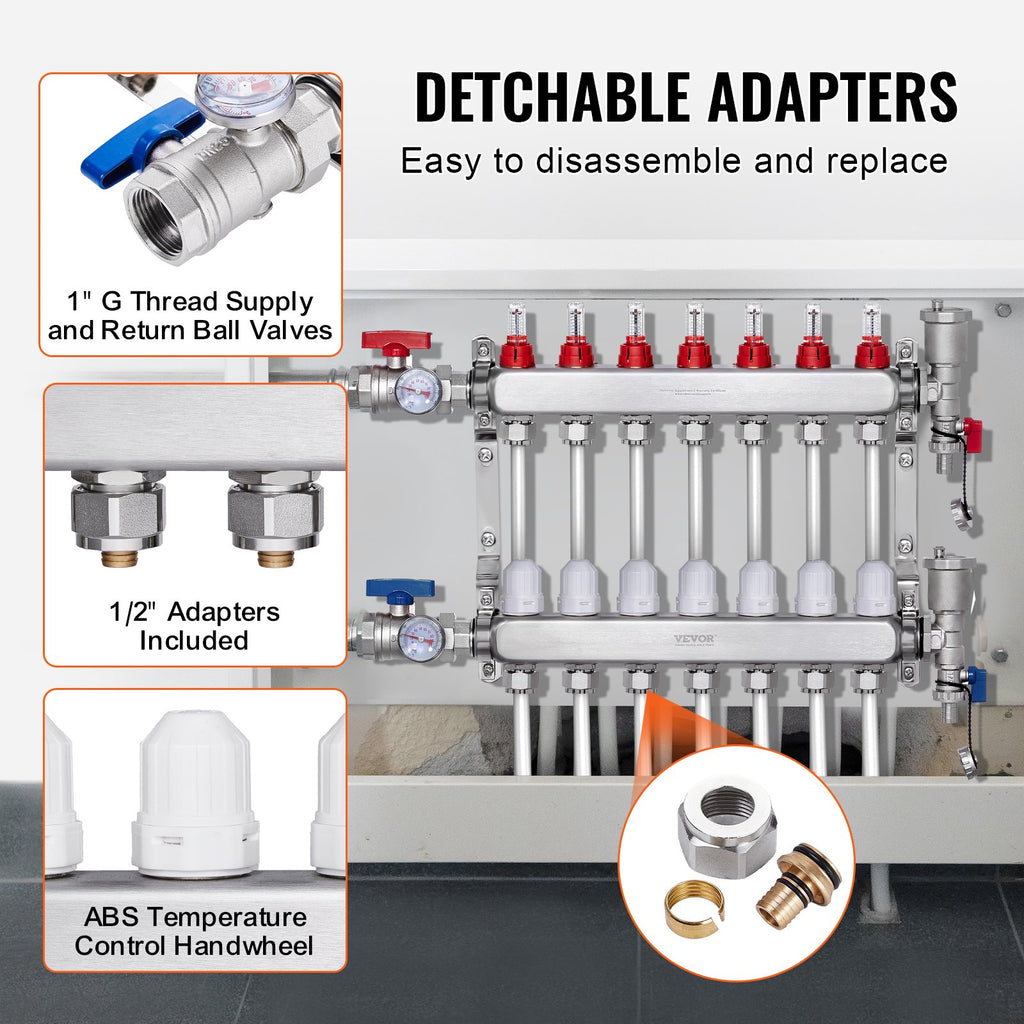 VEVOR 7-Branch Radiant Heat Manifold, 1/2" PEX Tubing Manifold, Stainless Steel PEX Manifold for Hydronic Radiant Floor Heating, Radiant Heat PEX Manifold Kit with 1/2" Adapters Included