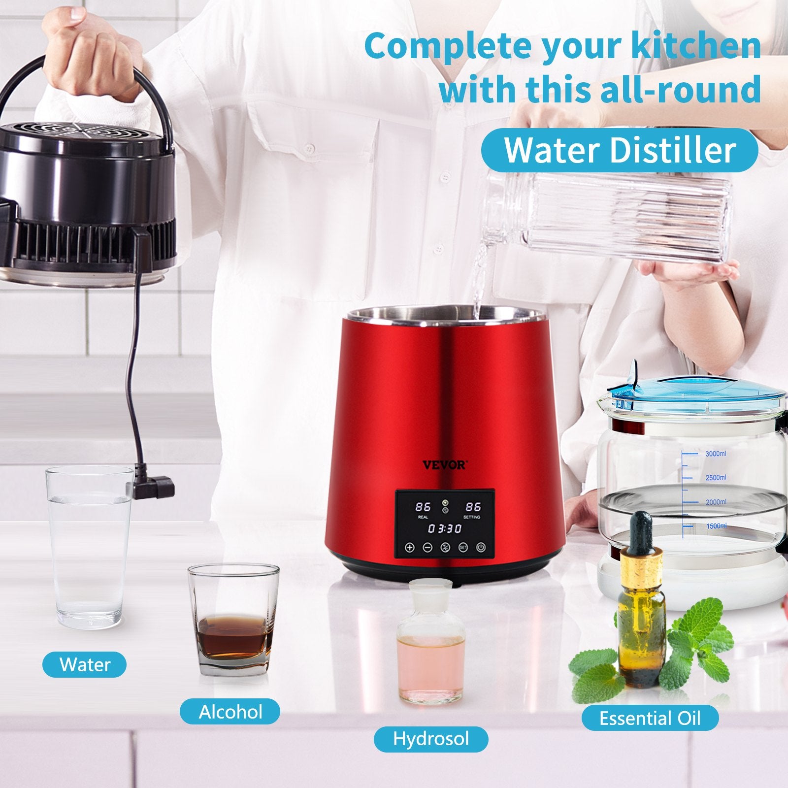VEVOR 4L Water Distiller Distilled Water Maker 1 L/H w/ Timing Dual Temp Red
