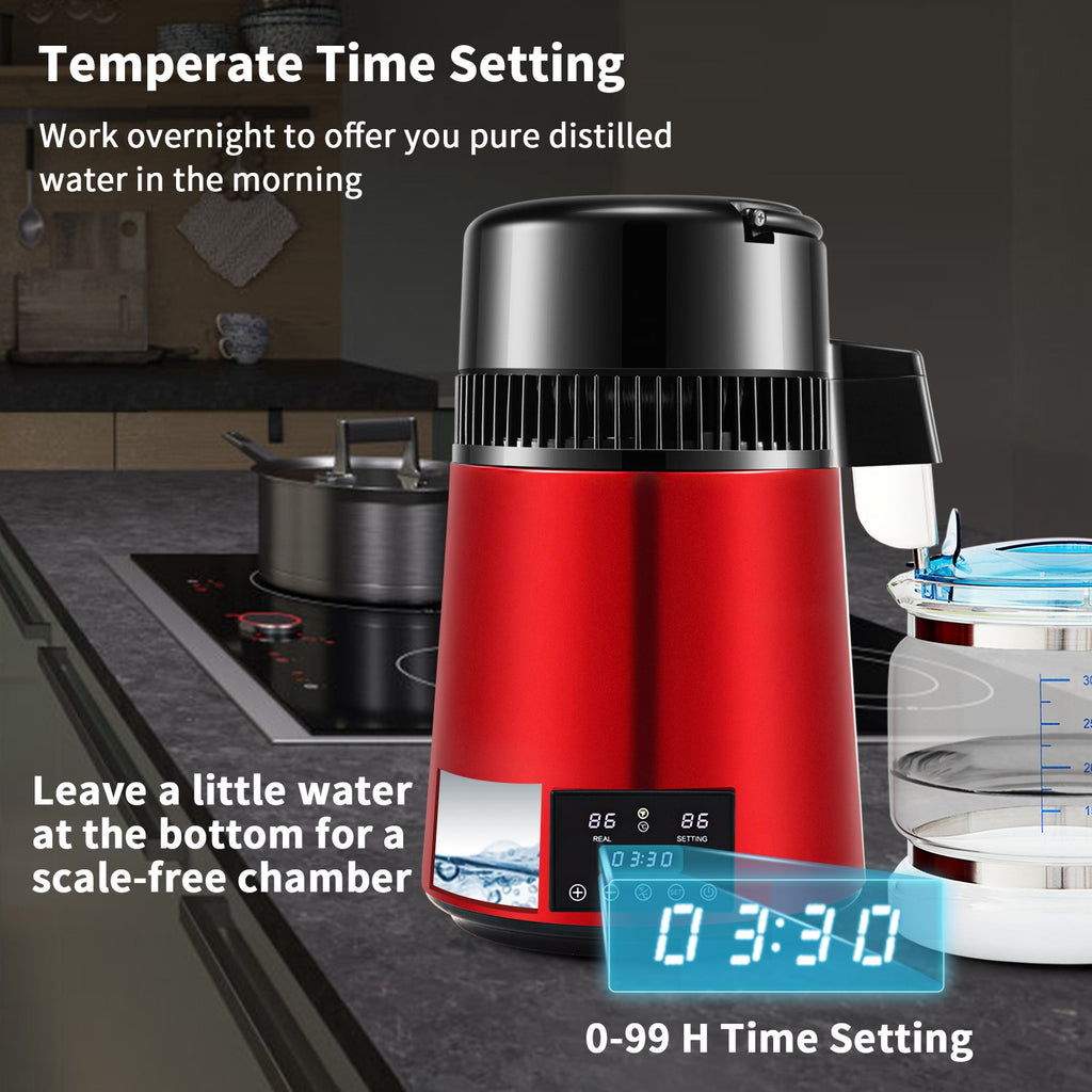 VEVOR 4L Water Distiller Distilled Water Maker 1 L/H w/ Timing Dual Temp Red