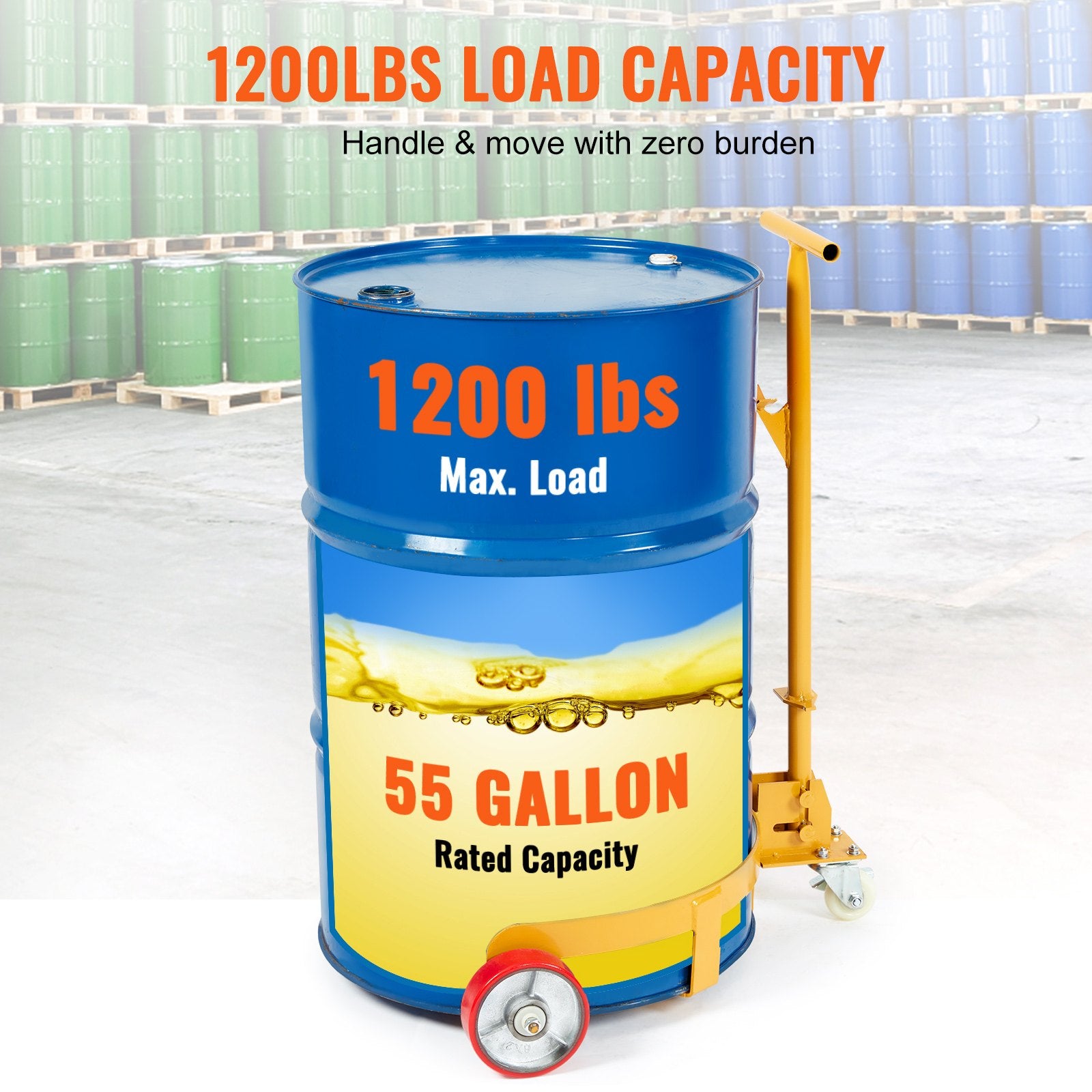 VEVOR 250L Drum Dolly, 544 kg Load Capacity, Barrel Dolly Cart Drum Caddy Round Dolly Steel Low Profile, Heavy Duty Steel Frame with Adjustable Handle 3 Wheels, for Workshop Factory Warehouse