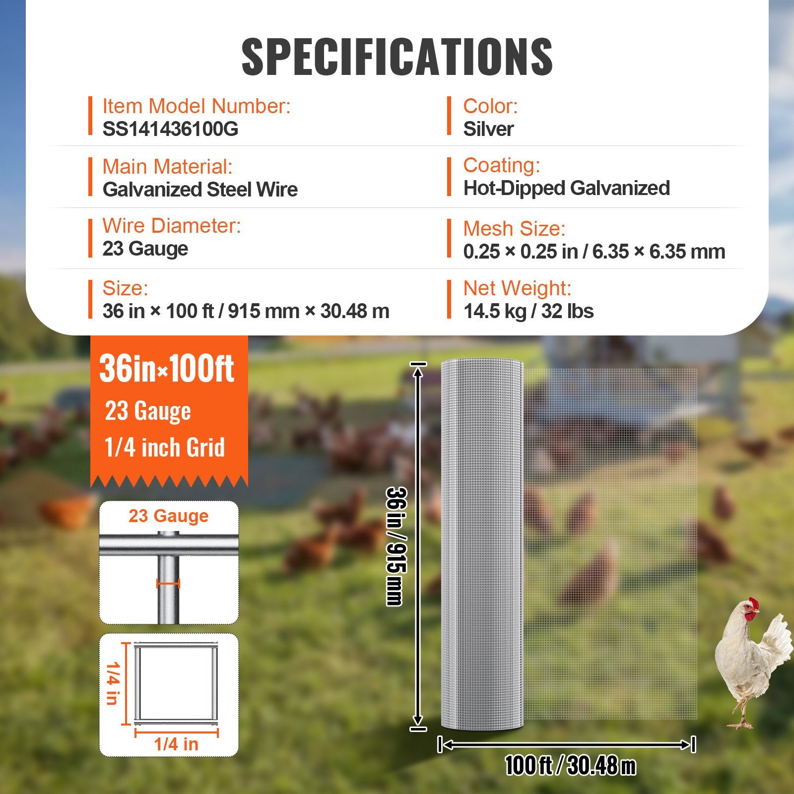 VEVOR Hardware Cloth, 1/4 inch 36in x 100 ft 23 Gauge, Hot Dipped Galvanized Wire Mesh Roll, Chicken Wire Fencing, Wire Mesh for Rabbit Cages, Garden, Small Rodents