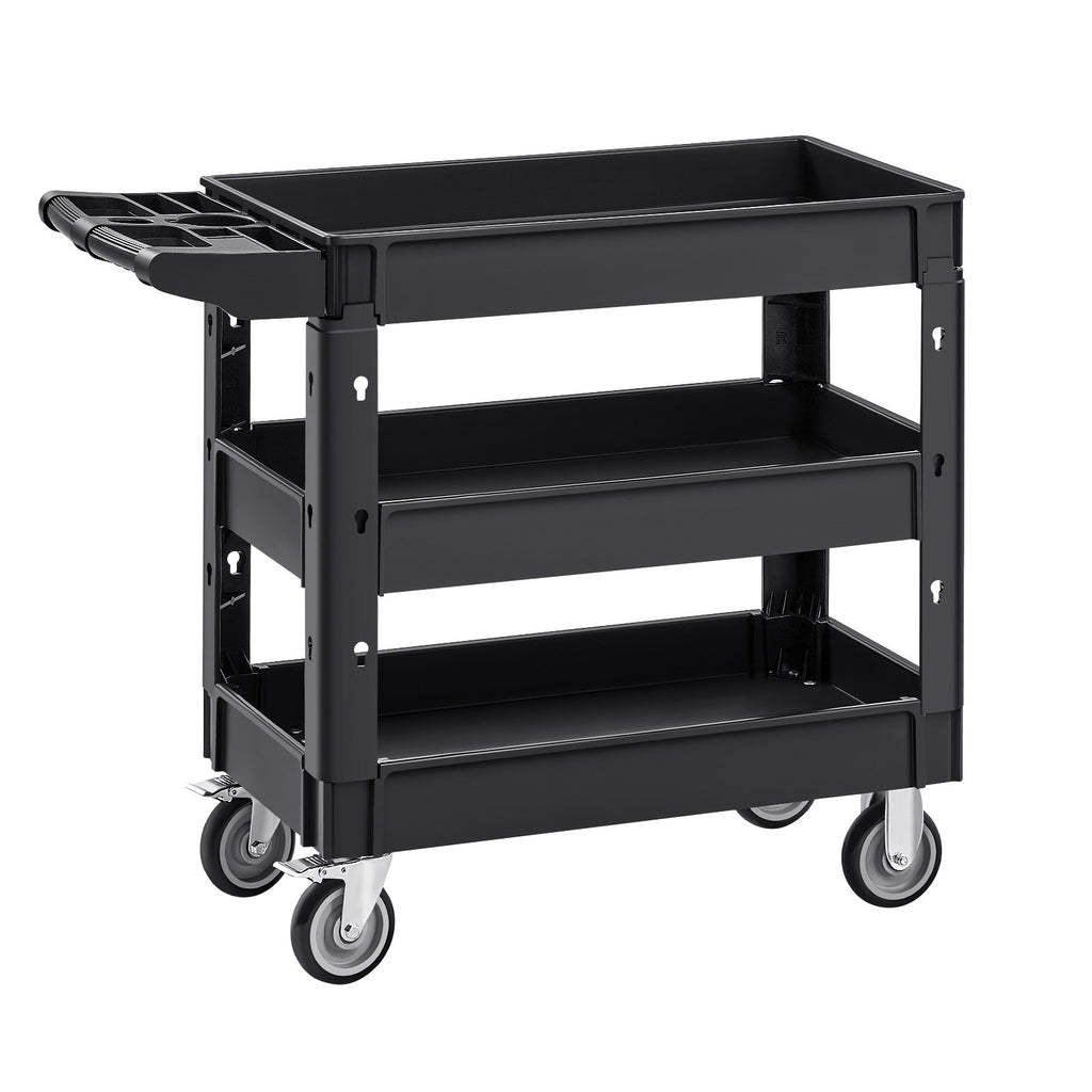 VEVOR Utility Service Cart, 550 LBS Laod Capacity, 3 Shelf Heavy Duty Plastic Rolling Utility Cart with 360° Swivel Wheels (2 with Brakes), Ergonomic Storage Handle for Warehouse/Garage/Cleaning