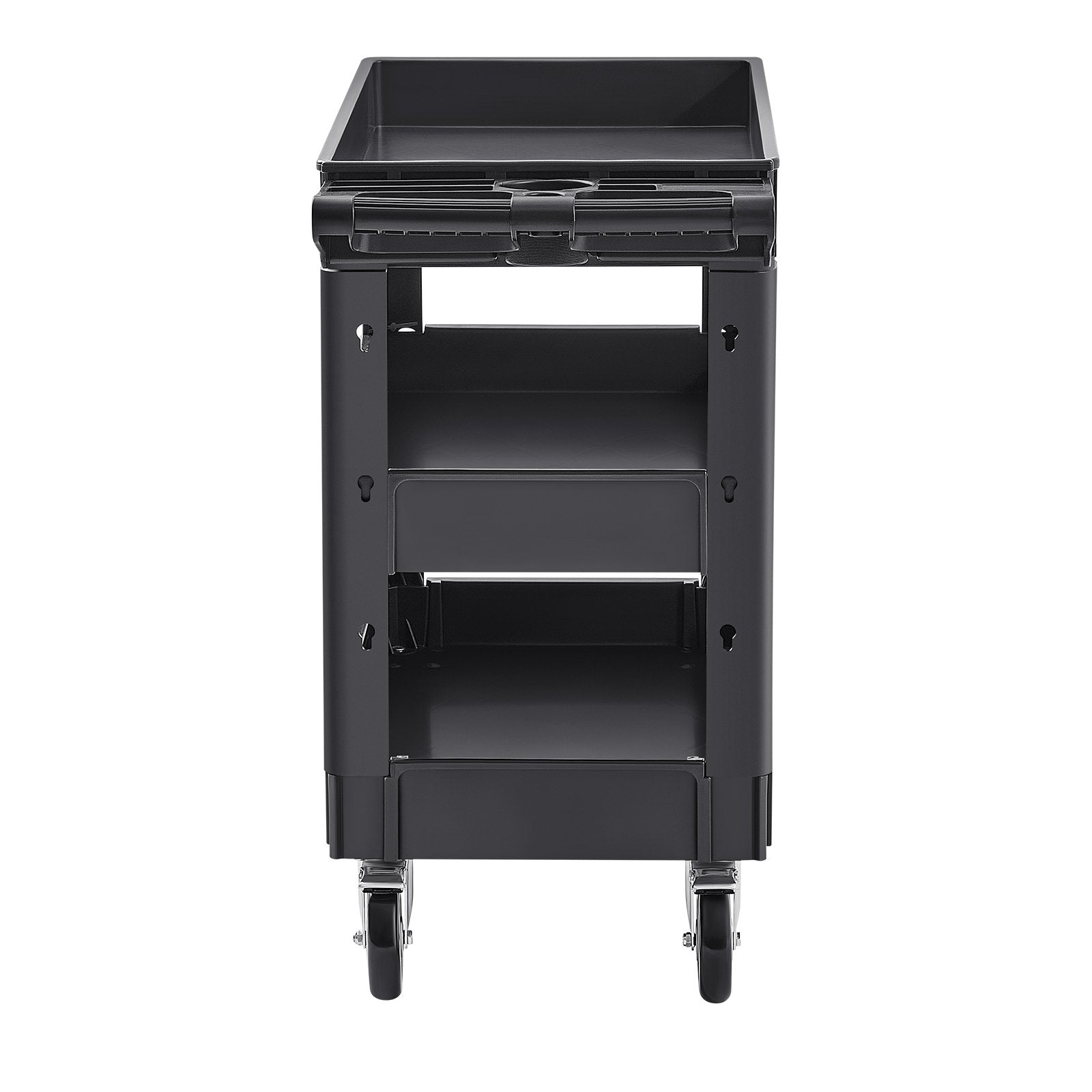 VEVOR Utility Service Cart, 550 LBS Laod Capacity, 3 Shelf Heavy Duty Plastic Rolling Utility Cart with 360° Swivel Wheels (2 with Brakes), Ergonomic Storage Handle for Warehouse/Garage/Cleaning