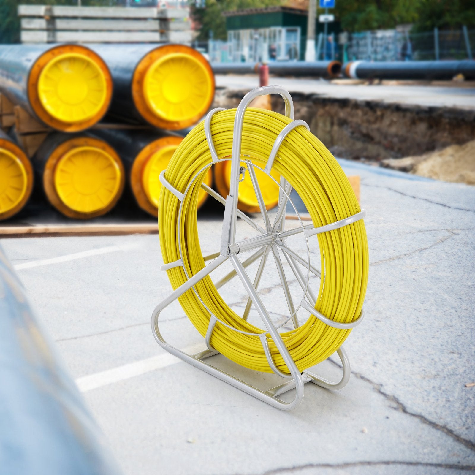 VEVOR Fish Tape Fiberglass, 150 m, 7.9 mm, Duct Rodder Fishtape Wire Puller, Cable Running Rod with Steel Reel Stand, 3 Pulling Heads, Fishing Tools for Walls and Electrical Conduit, Non-Conductive