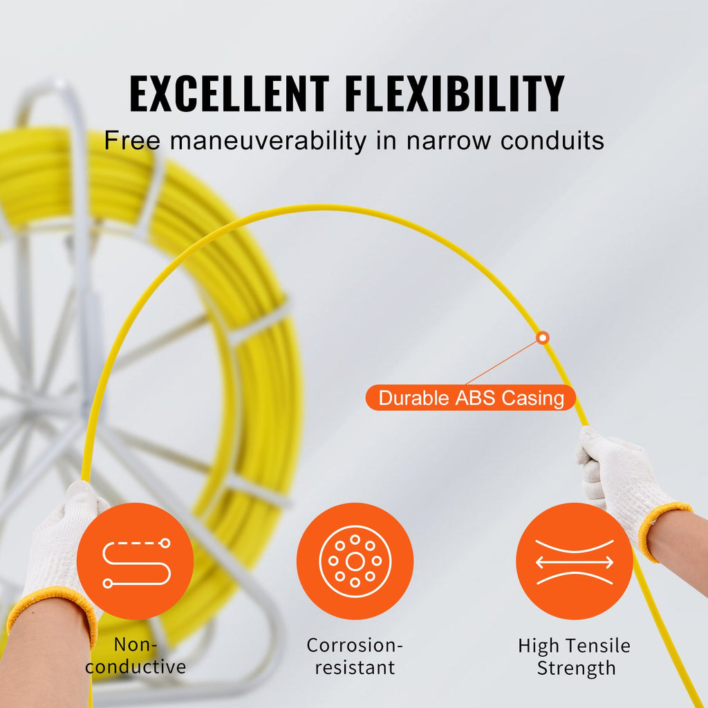 VEVOR Fish Tape Fiberglass, 182.88 m, 7.9 mm, Duct Rodder Fishtape Wire Puller, Cable Running Rod with Steel Reel Stand, 3 Pulling Heads, Fishing Tools for Walls and Electrical Conduit, Non-Conductive
