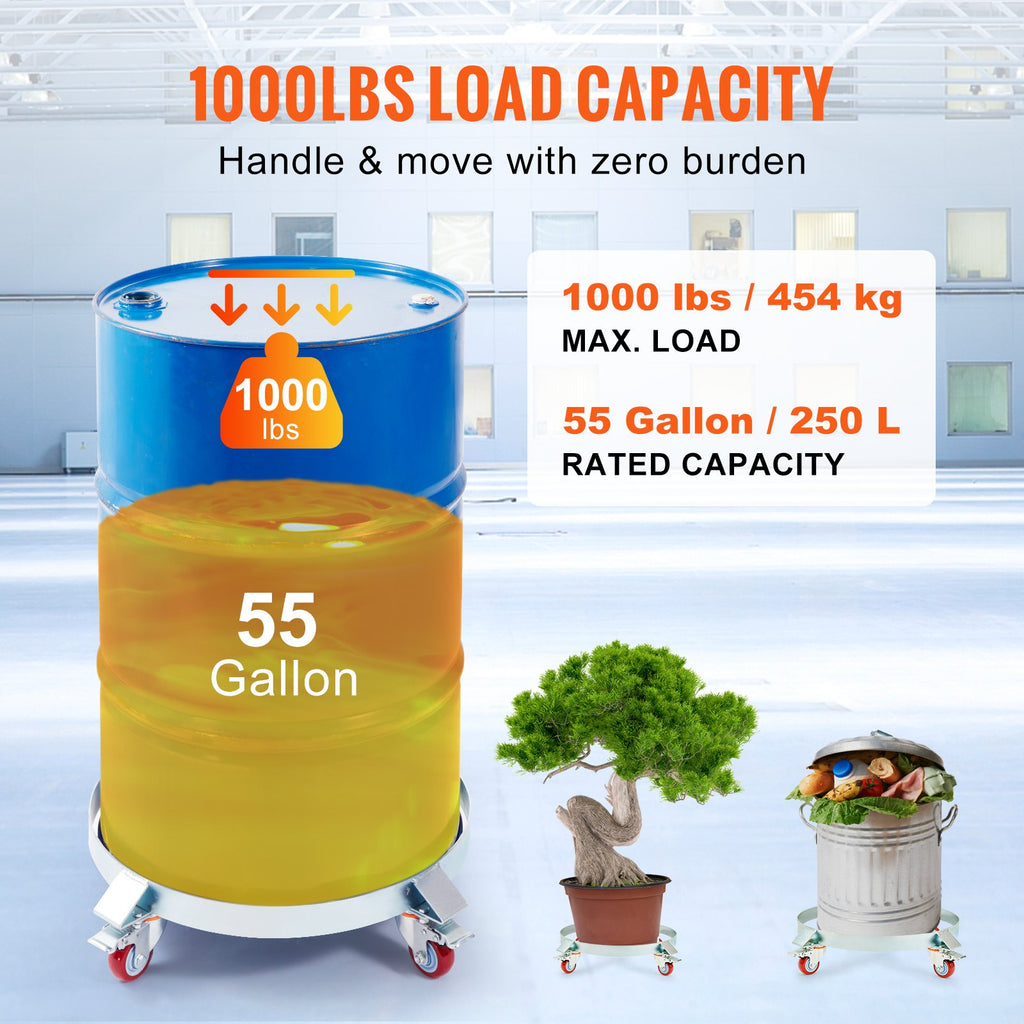 VEVOR 2PCS 250 L Heavy Duty Drum Dolly, 454 kg Load Capacity, Barrel Dolly Cart Drum Caddy, Non Tipping Hand Truck Capacity Dollies with Steel Frame 4 Swivel Casters Wheel, for Drum Handling