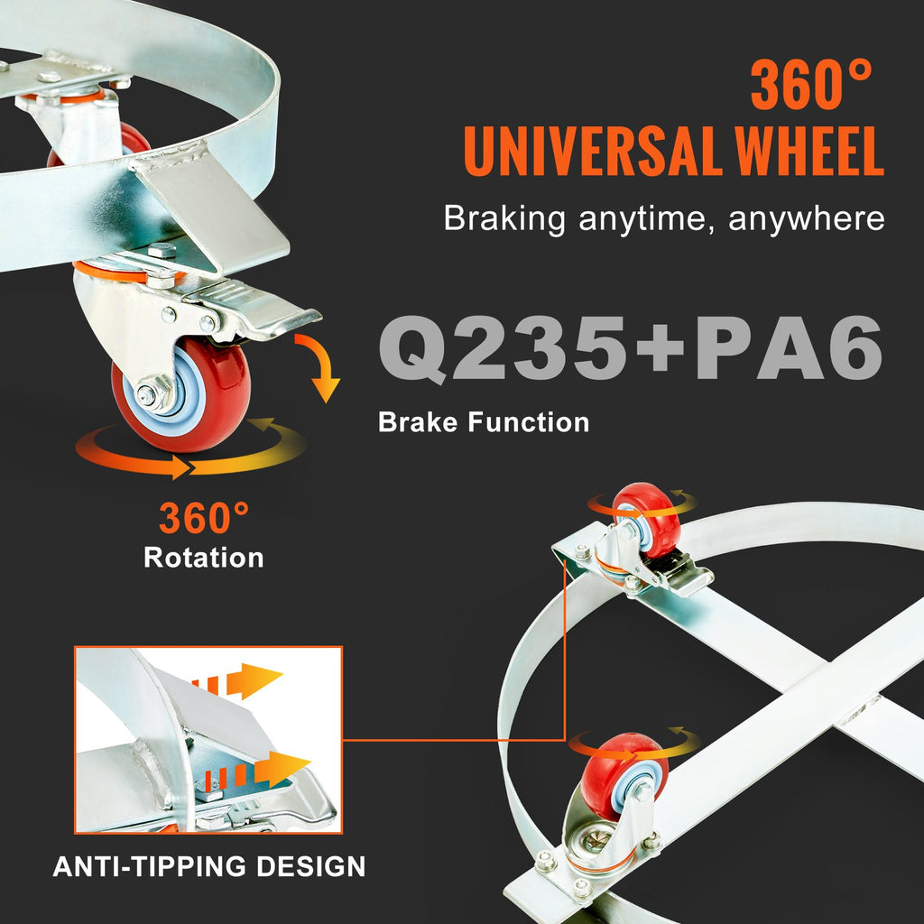VEVOR 2PCS 250 L Heavy Duty Drum Dolly, 454 kg Load Capacity, Barrel Dolly Cart Drum Caddy, Non Tipping Hand Truck Capacity Dollies with Steel Frame 4 Swivel Casters Wheel, for Drum Handling