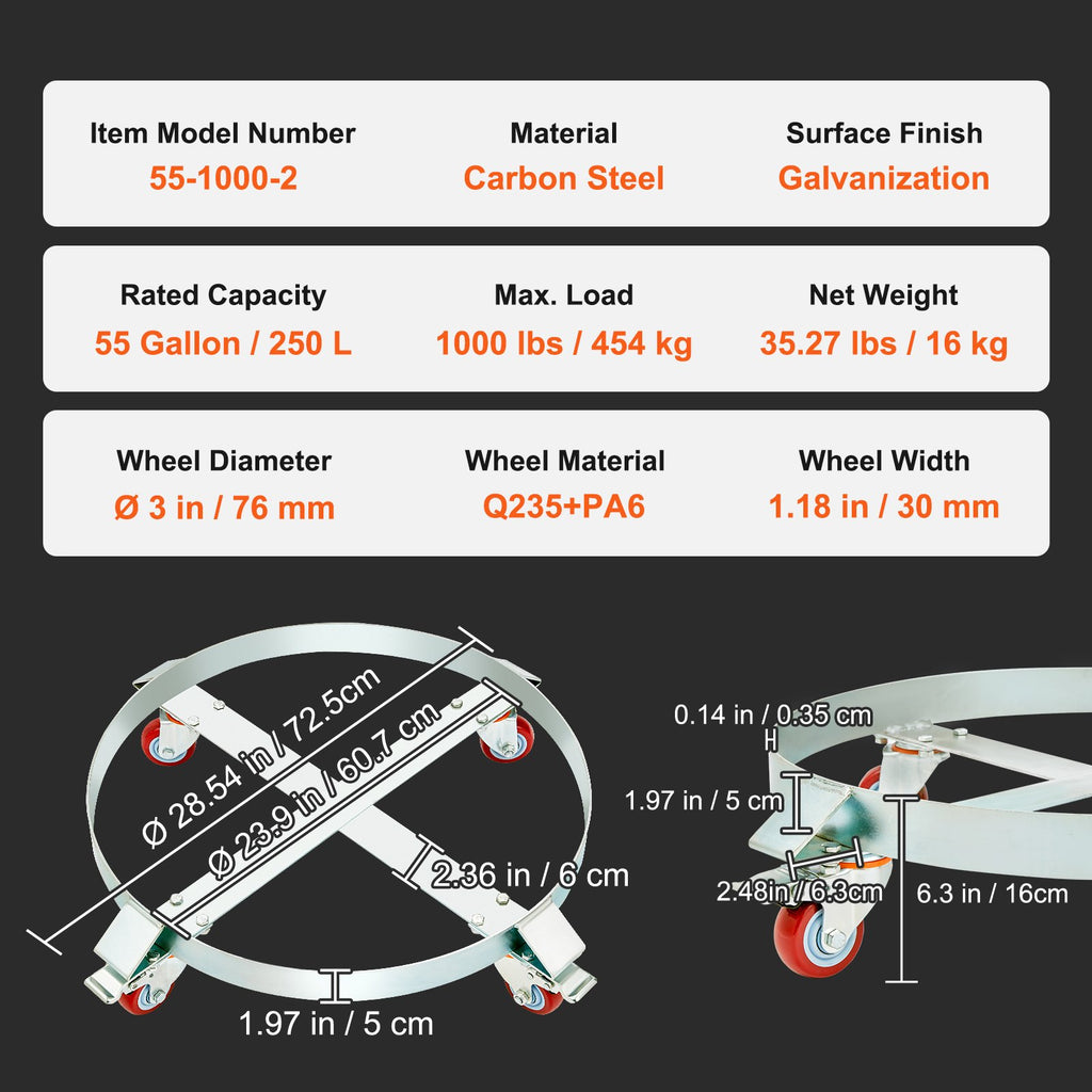 VEVOR 2PCS 250 L Heavy Duty Drum Dolly, 454 kg Load Capacity, Barrel Dolly Cart Drum Caddy, Non Tipping Hand Truck Capacity Dollies with Steel Frame 4 Swivel Casters Wheel, for Drum Handling