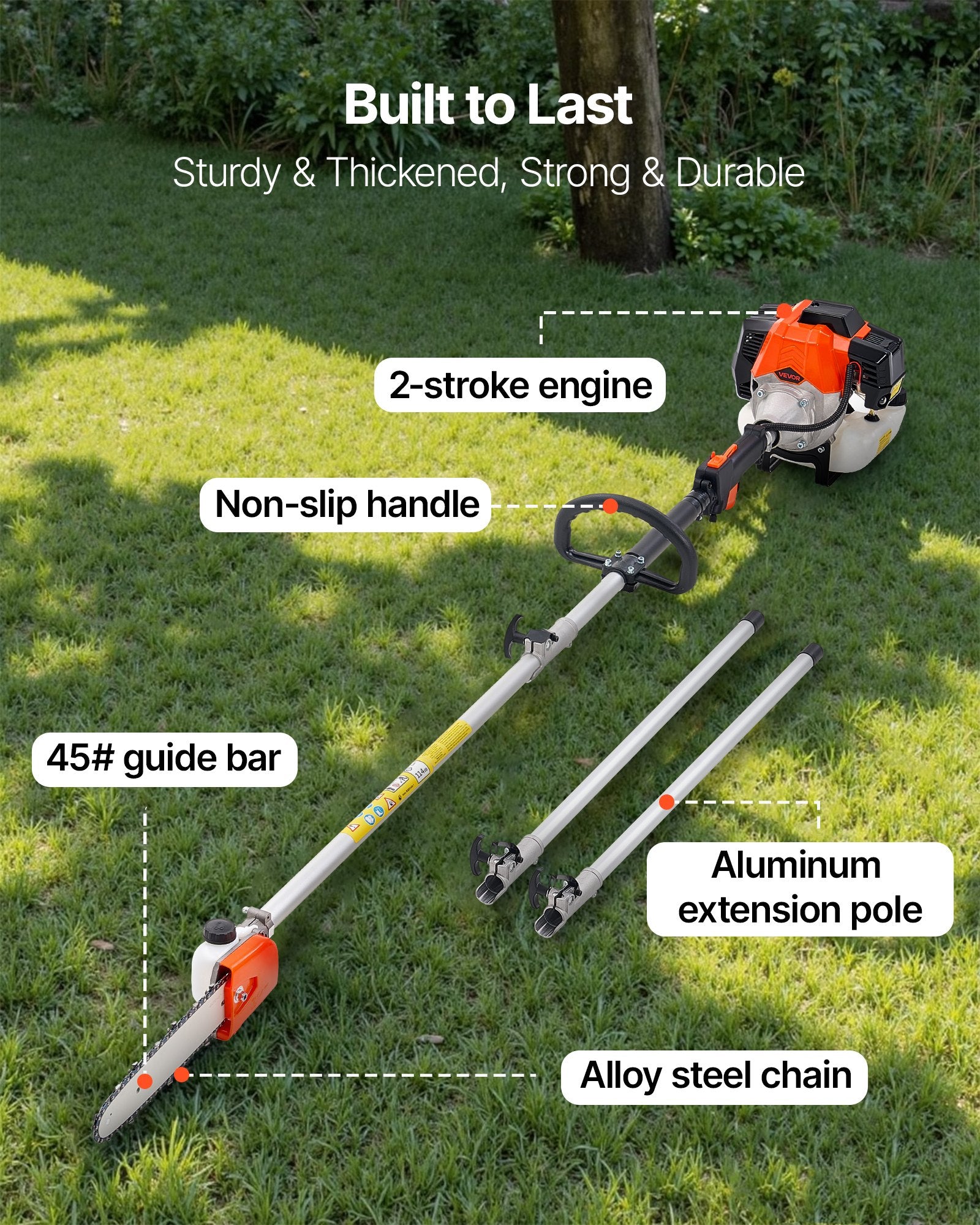 VEVOR Gas Pole Saw, 33CC 2 Stroke Gas Powered Pole Saws with 20.3 cm Cutting Bar, Cordless Tree Trimmer with 850ml Fuel Tank, 2.08 to 3.58 m  Extendable, Powerful Chainsaw for Tree Trimming Pruning