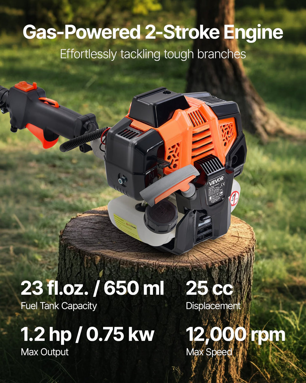 VEVOR Gas Pole Saw, 25CC 2 Stroke Gas Powered Pole Saws with 30.5 cm Cutting Bar, Cordless Tree Trimmer with 650ml Fuel Tank, 2.12 to 3.62 m Extendable, Powerful Chainsaw for Tree Trimming Pruning