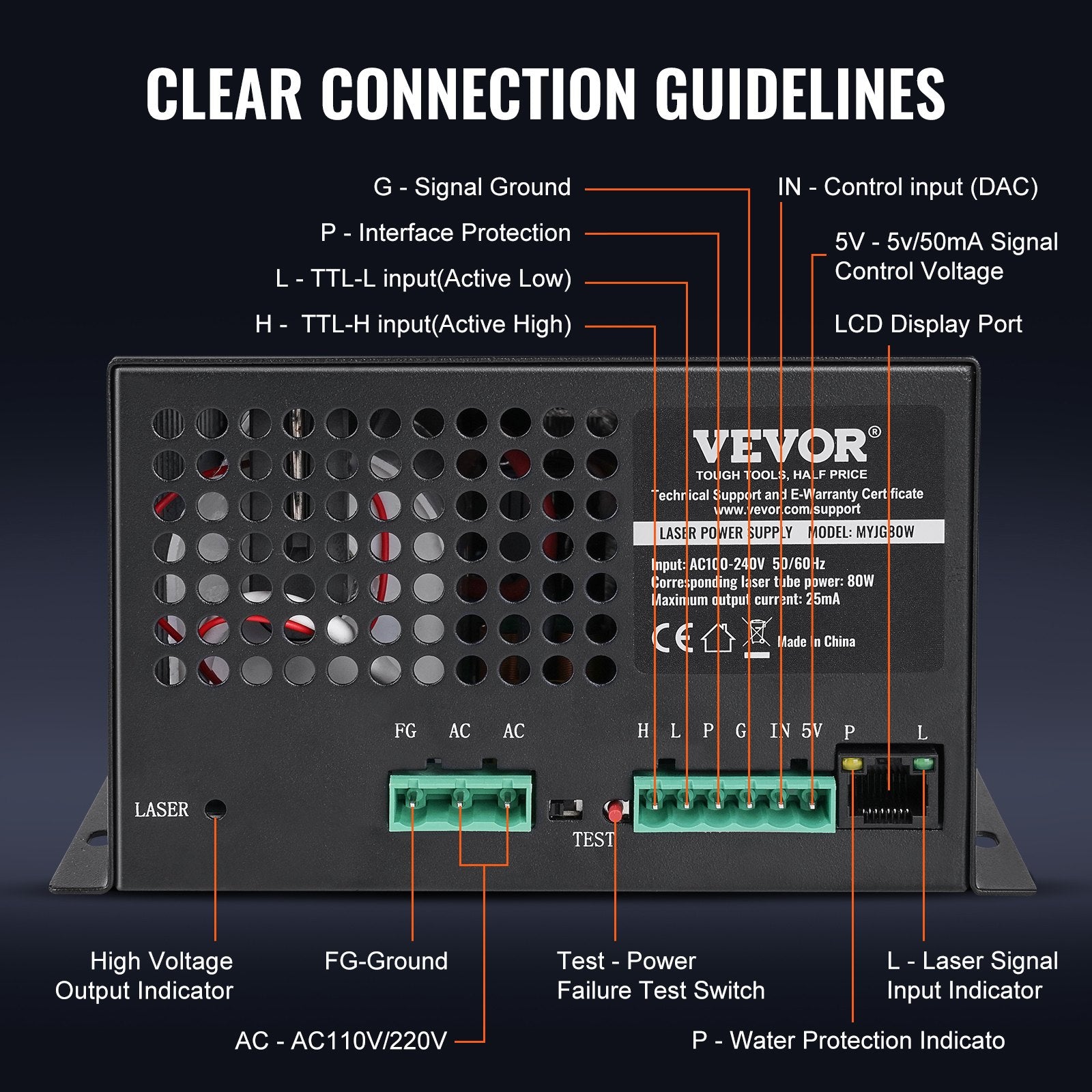 VEVOR CO2 Laser Power Supply, 80W, Power Supply for 80W Laser Tube, Constant Current Protection, Open Circuit Protection, Fast Heat Dissipation, Compatible for Multi-brand Laser Engravers & Cutters