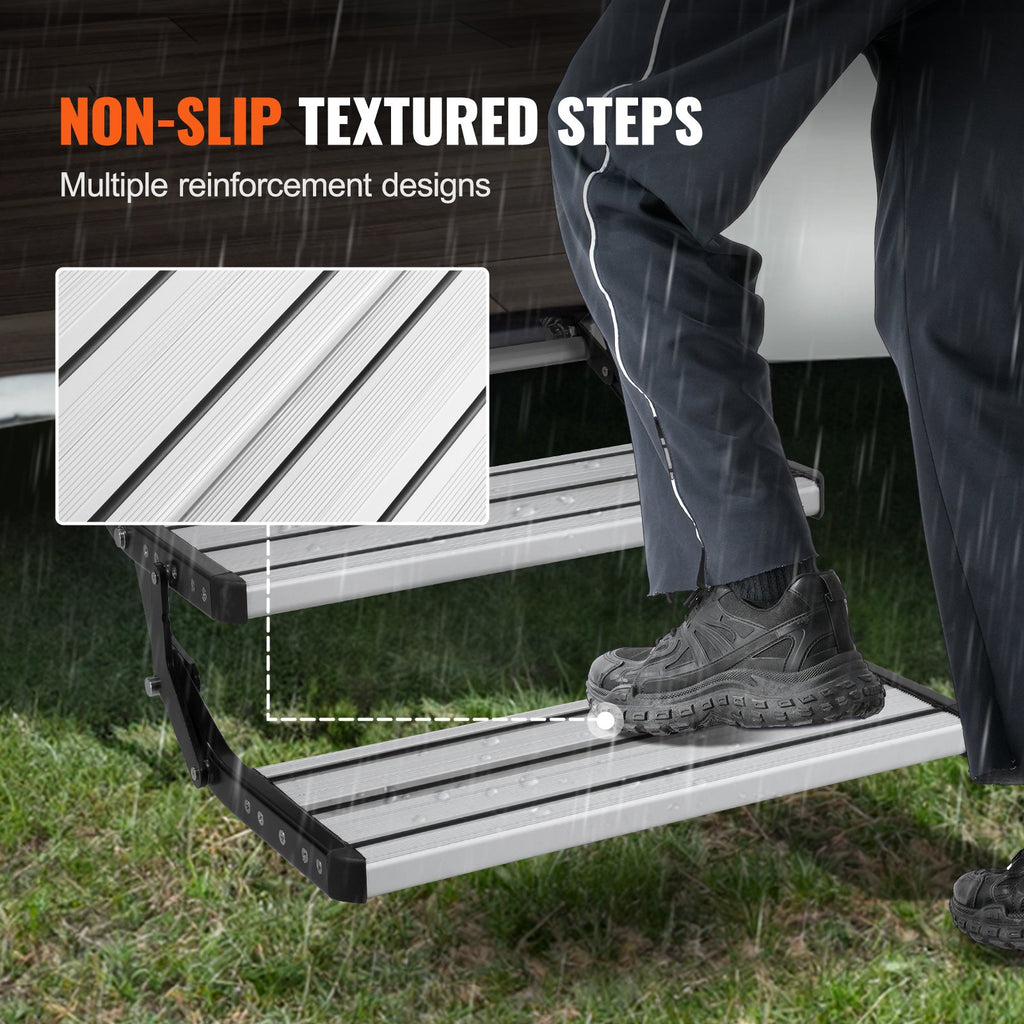 VEVOR RV Steps, 2-Step, Manual Retractable RV Stairs, Foldable, 440 LBS Load Capacity, Aluminum Alloy Steps, Thickened Steel Plate, Non-Slip Steps for Safe Entry and Exit, RV, Trailer, Camper Steps