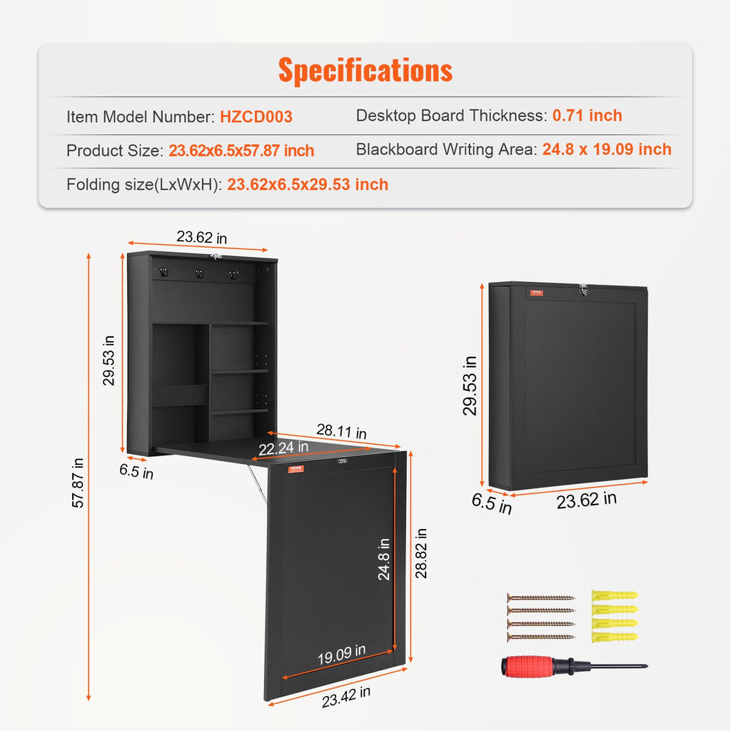 VEVOR Wall Mounted Desk, Fold out Convertible Desk, Multi-Function Folding Wall Table with Chalkboard for Home Office, Space Saving Computer Desk with Storage Area
