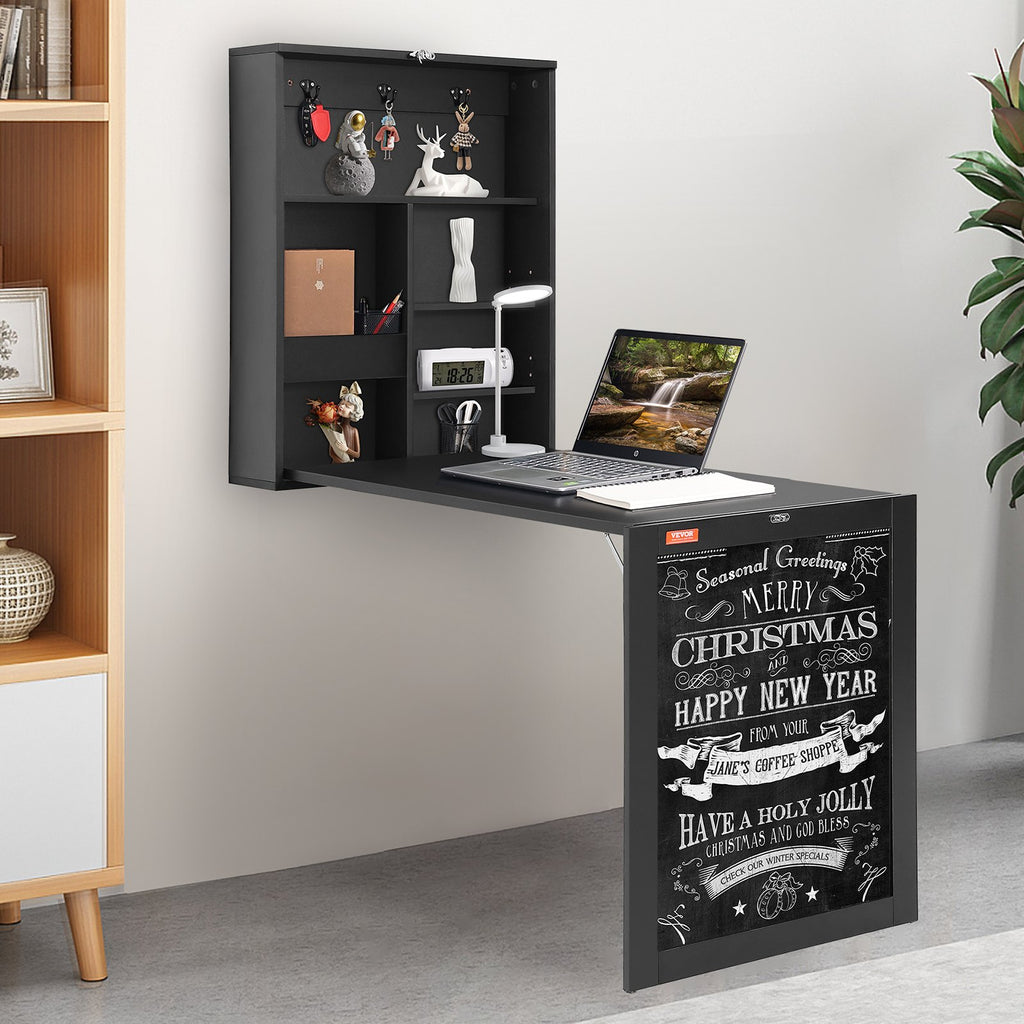 VEVOR Wall Mounted Desk, Fold out Convertible Desk, Multi-Function Folding Wall Table with Chalkboard for Home Office, Space Saving Computer Desk with Storage Area