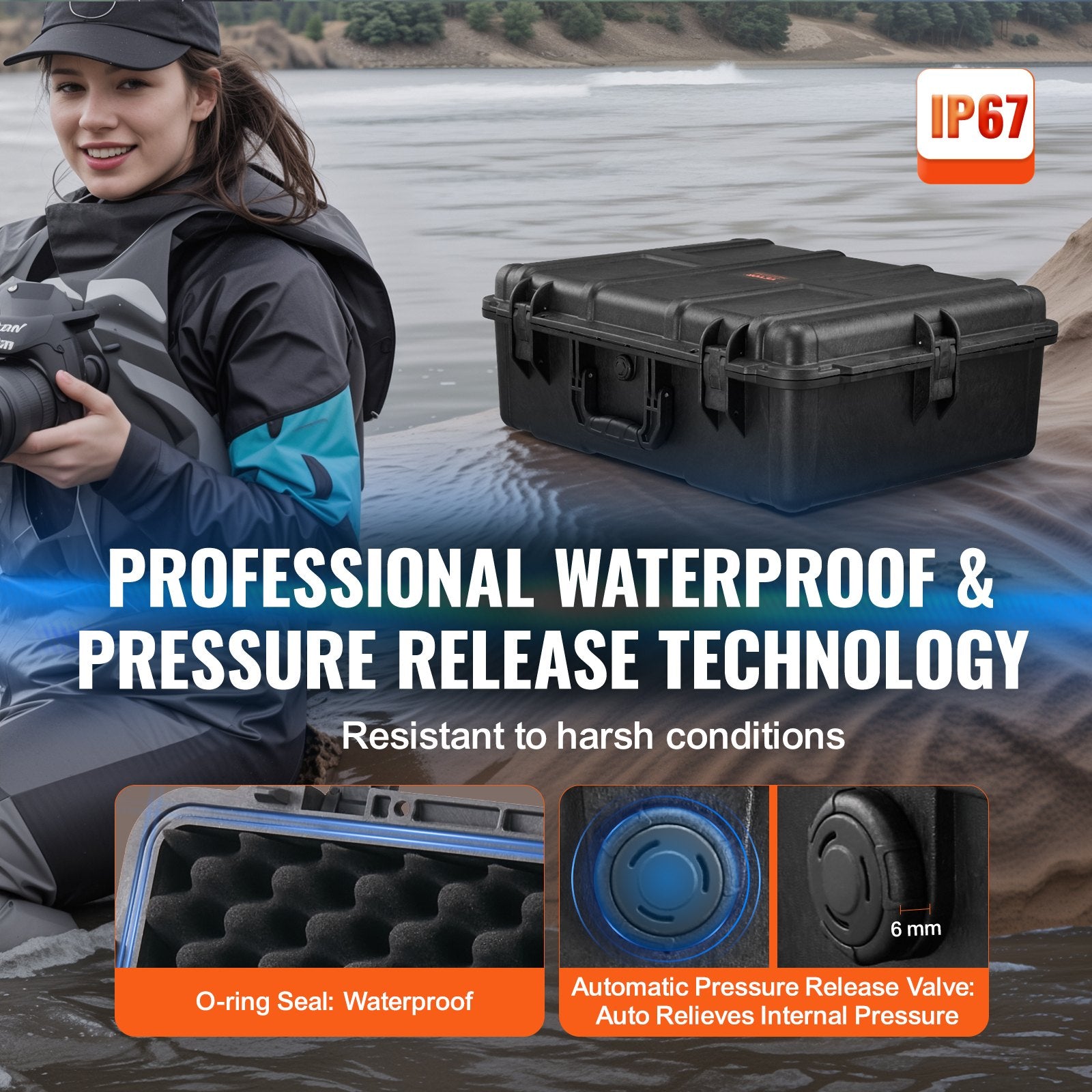 VEVOR Weatherproof Hard Case, Heavy Duty Protective Dry Box Case with Pre-cut Foam, and Retractable Pull Handles for Travel, Hunting, Military, Tactical, IP67 Waterproof Case for Cameras (56.1x37x26)