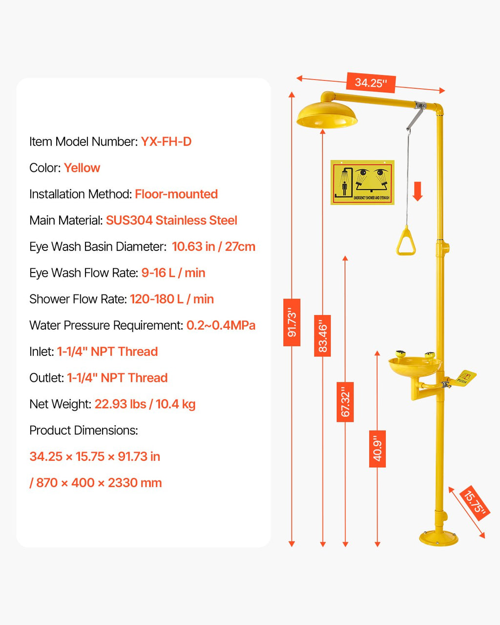 VEVOR Emergency Shower Eye Wash Station, 34.25 x 15.75 x 91.73 Inch 304 Stainless Steel Eyewash and Shower Combination, OSHA-Approved First Aid Eye Wash Station, for Schools, Labs, Factories, Yellow