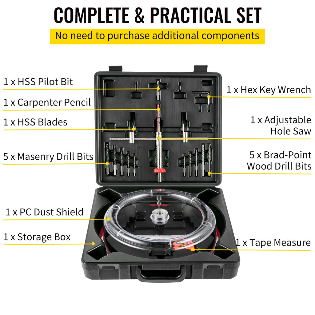VEVOR Adjustable Hole Saw Cutter Kit, 1-5/8\" to 11-13 /16\" (40-300 mm), Recessed Hole Saw with PC Dust Shield, Two Replaceable Pilot Drill Bits, for Recessed Lights, Ceiling Speakers, Vent Holes