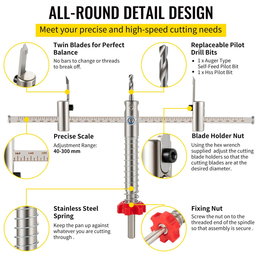 VEVOR Adjustable Hole Saw Cutter Kit, 1-5/8\" to 11-13 /16\" (40-300 mm), Recessed Hole Saw with PC Dust Shield, Two Replaceable Pilot Drill Bits, for Recessed Lights, Ceiling Speakers, Vent Holes