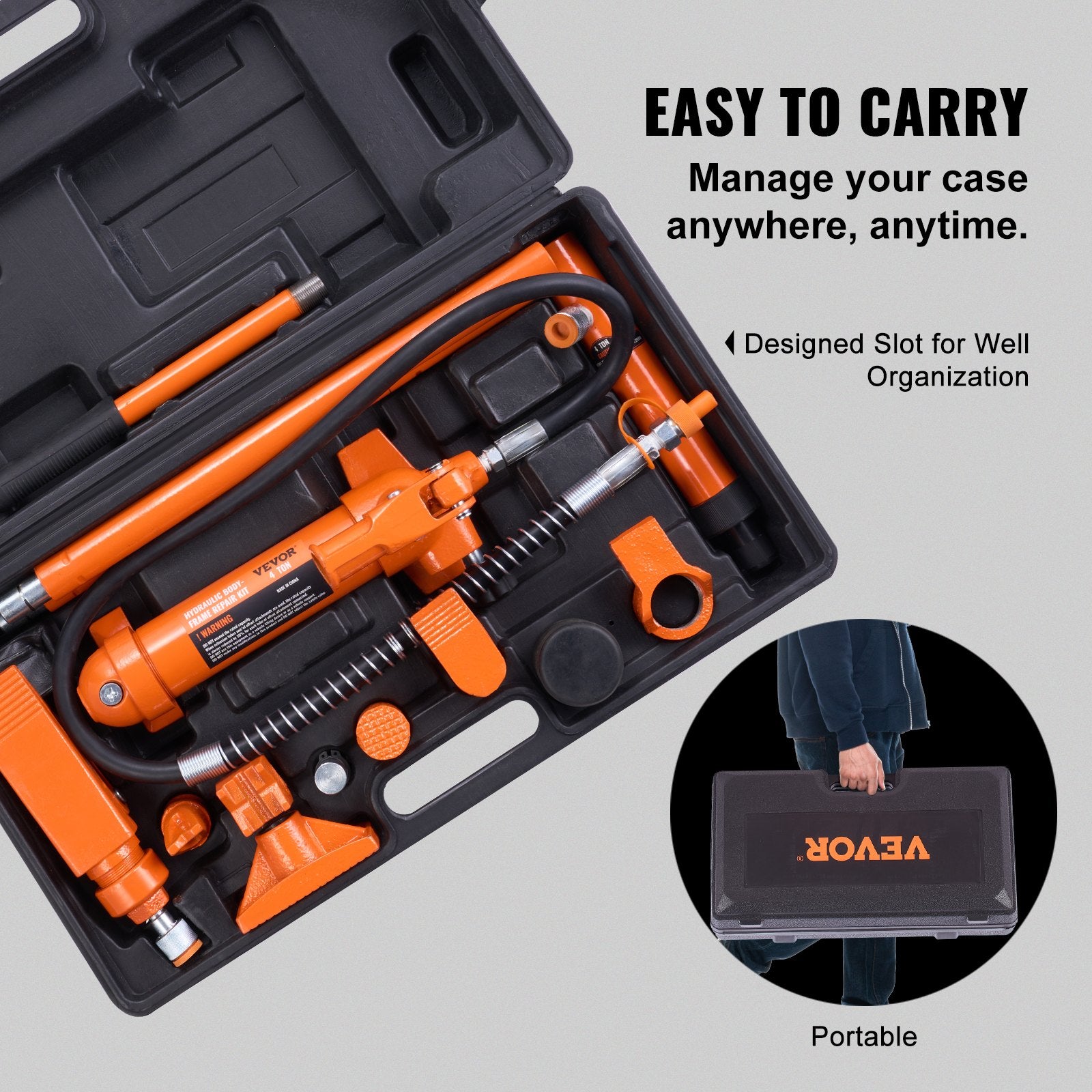 VEVOR 4 Ton Porta Power Kit, Portable Hydraulic Jack with 3.9 ft/1.2 m Oil Hose, Auto Body Frame Repair Kit with Storage Case for Car Repair, Truck, Farm (8800 LBS)